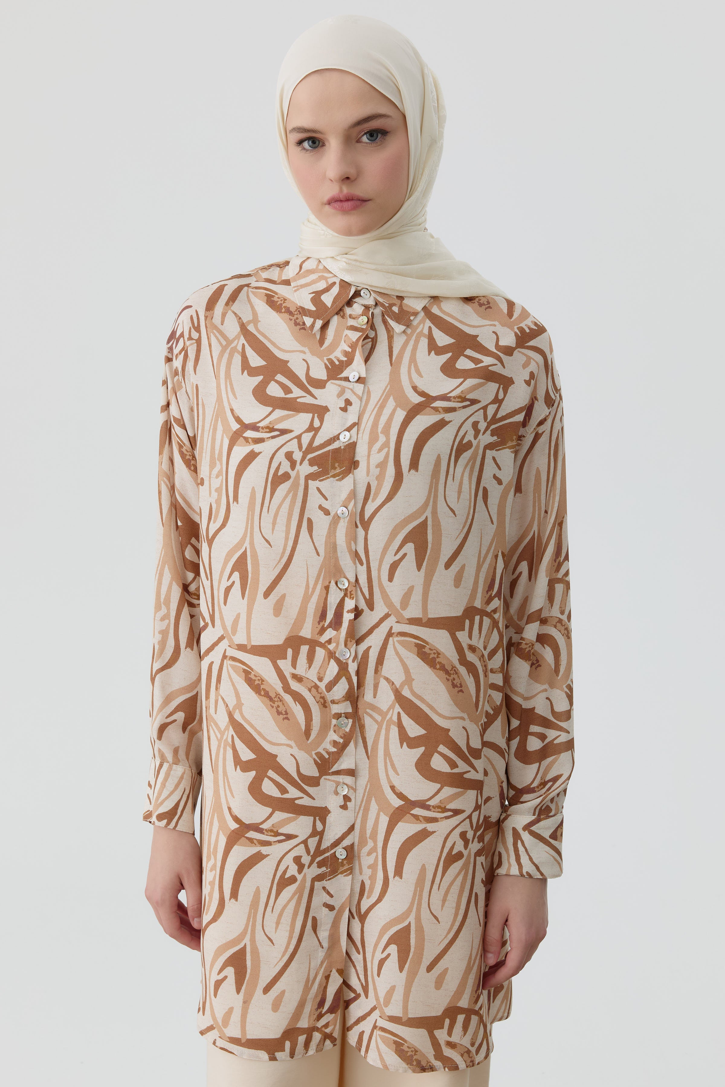 Düşük Kollu Desenli Tunik - Camel TUGBA