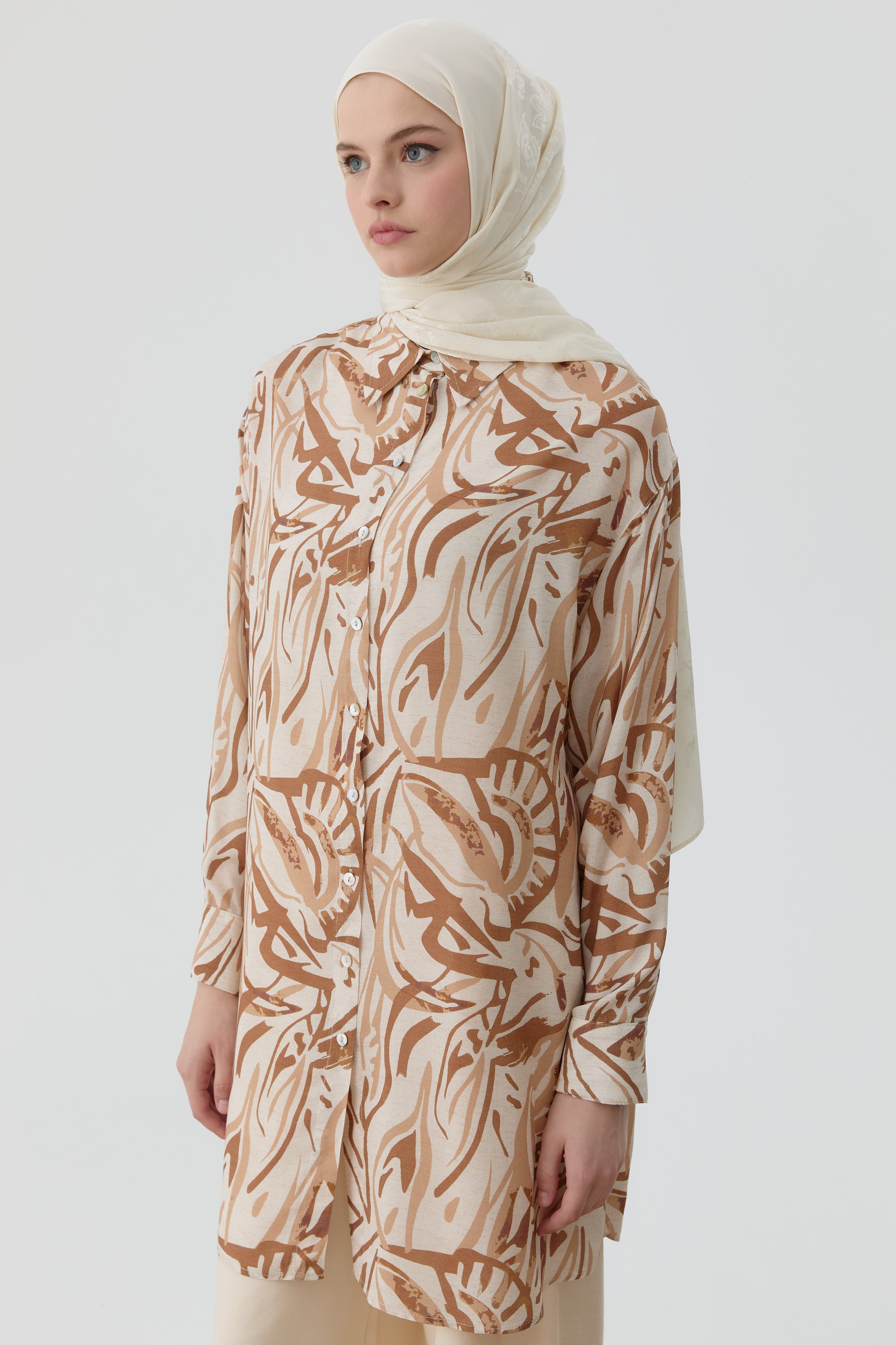 Düşük Kollu Desenli Tunik - Camel TUGBA