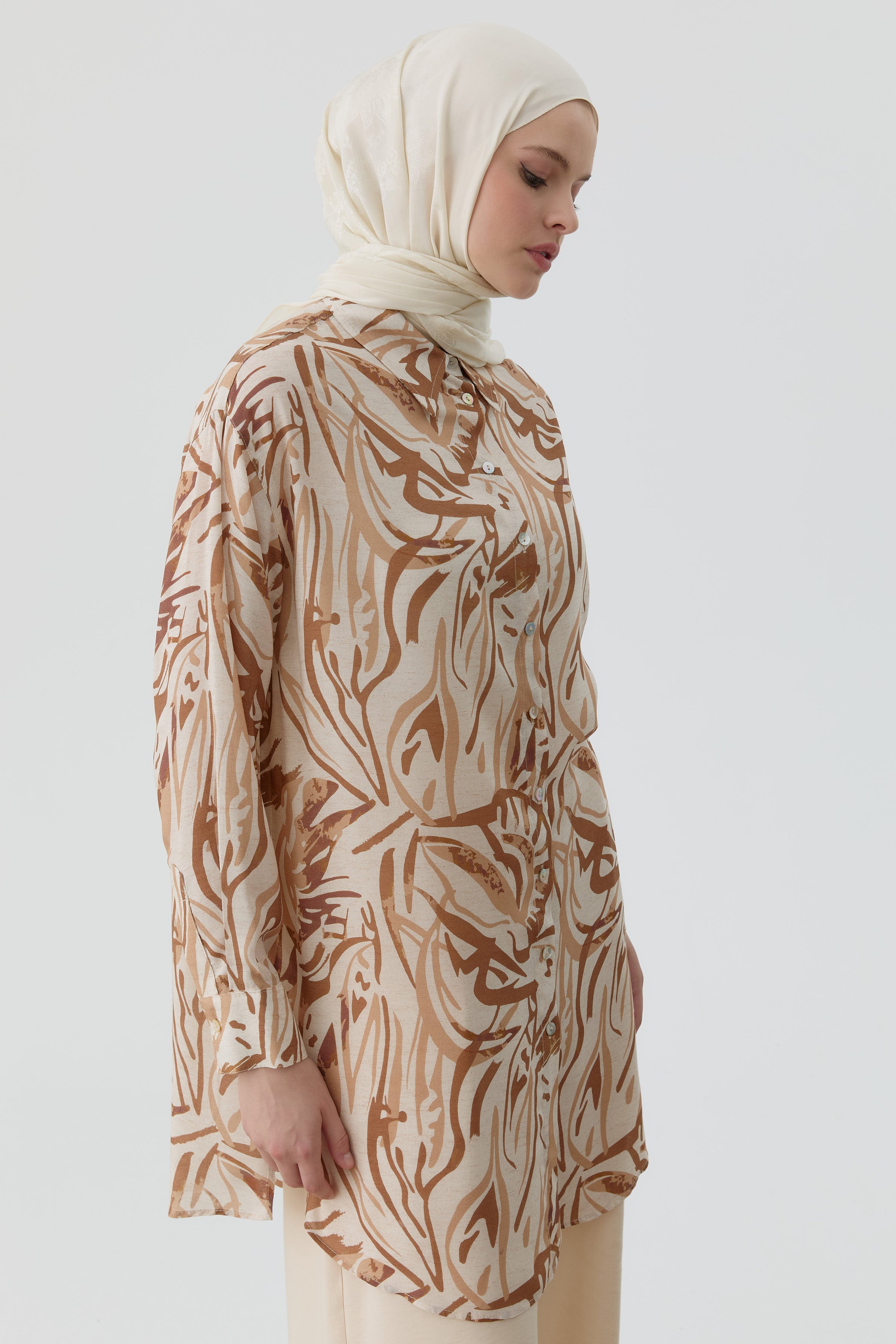 Düşük Kollu Desenli Tunik - Camel TUGBA