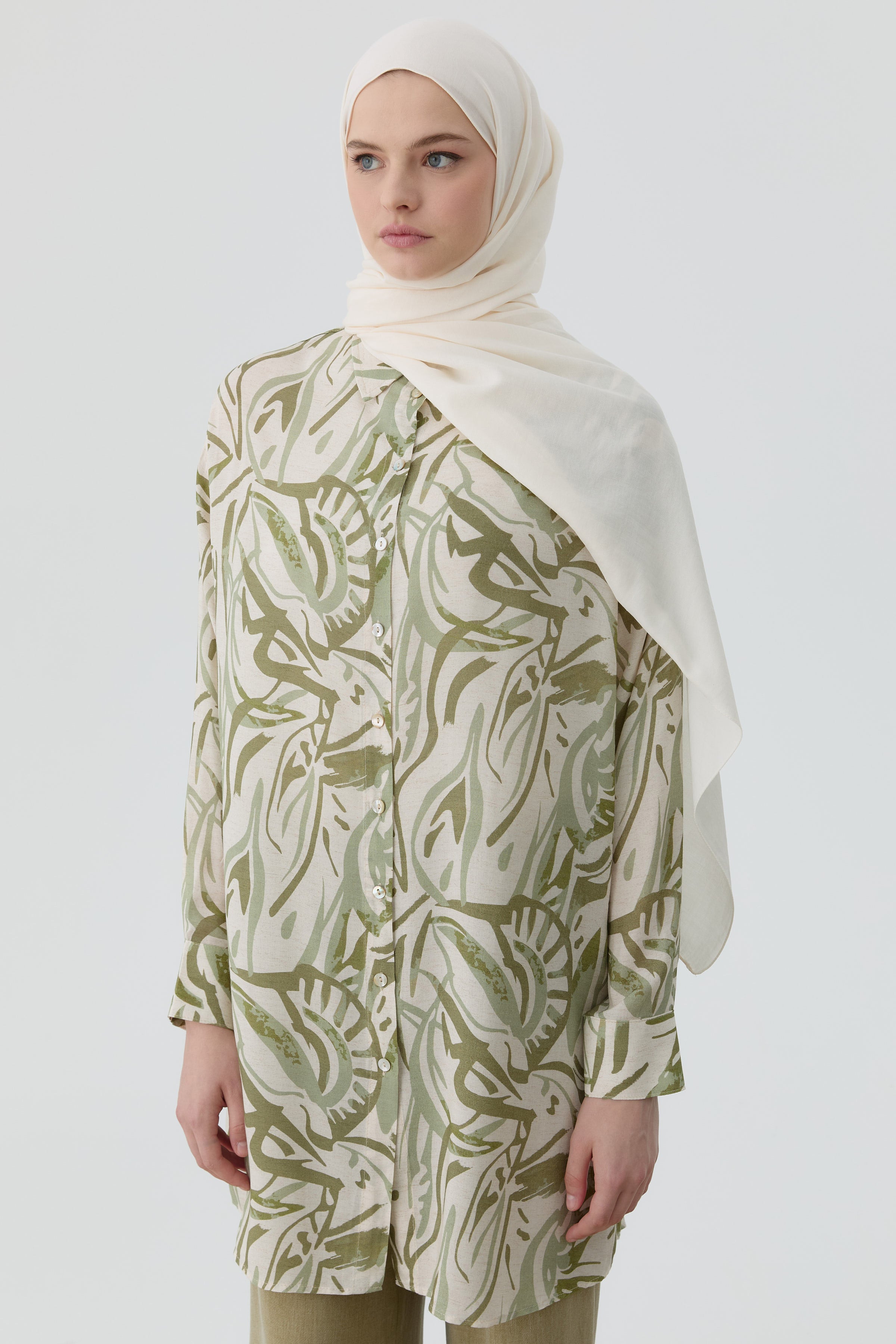 Düşük Kollu Desenli Tunik - Haki TUGBA