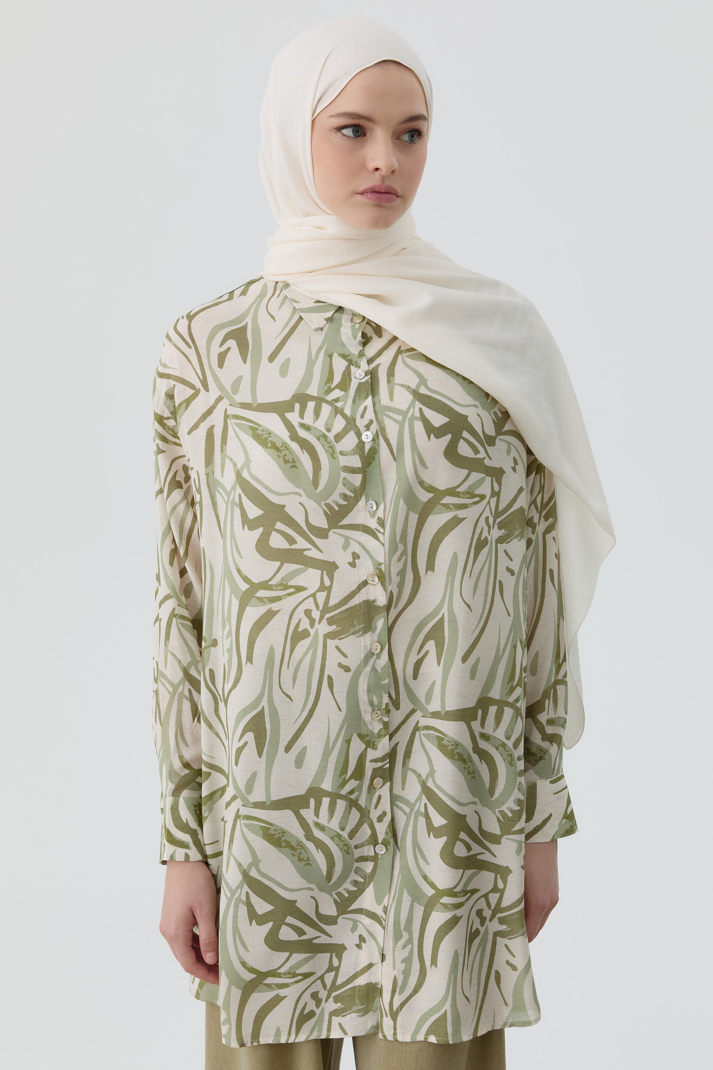 Düşük Kollu Desenli Tunik - Haki TUGBA