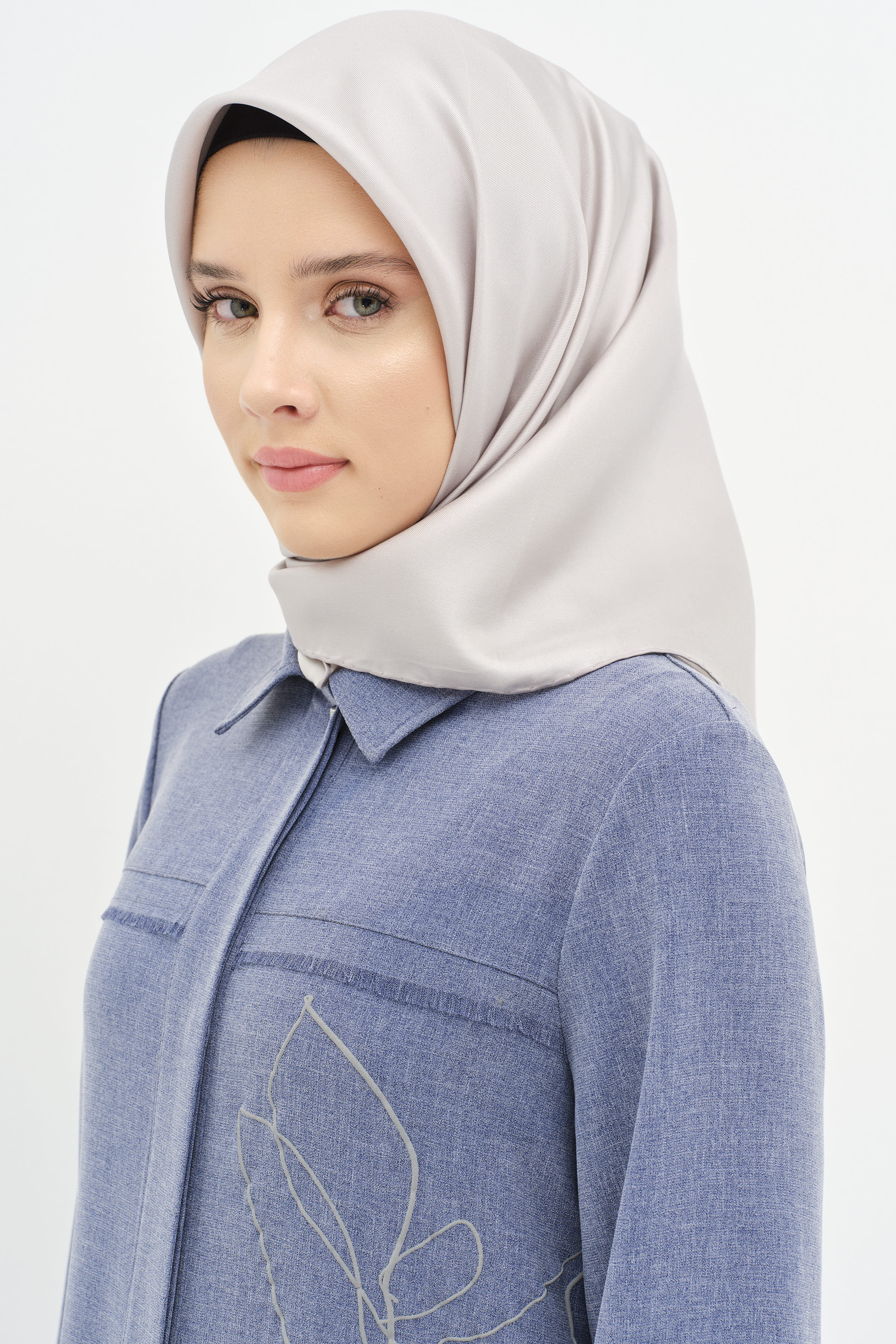 Düz Twill İpek Eşarp - Gri TUGBA