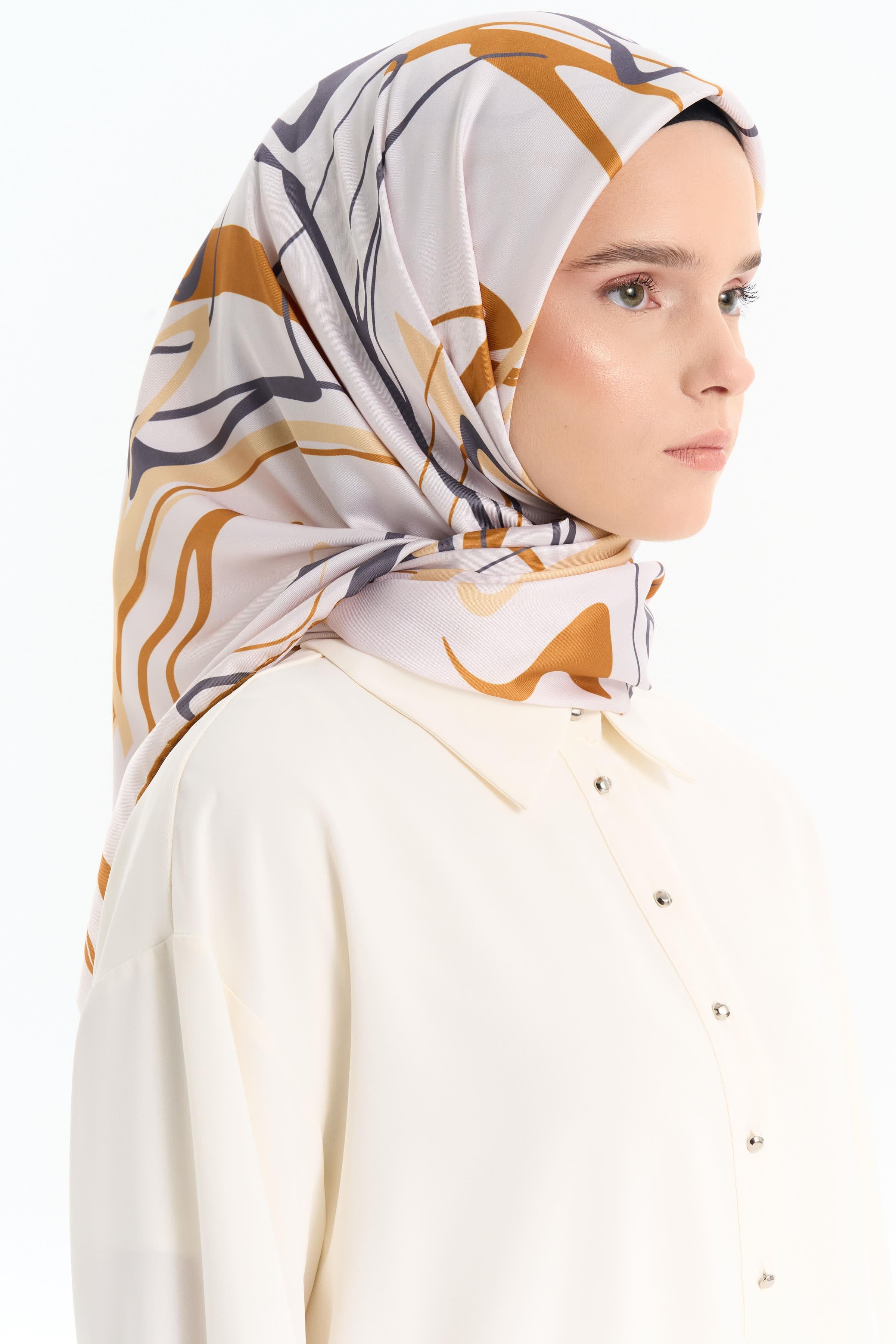 Ebru Desenli Stil Eşarp - Hardal TUGBA