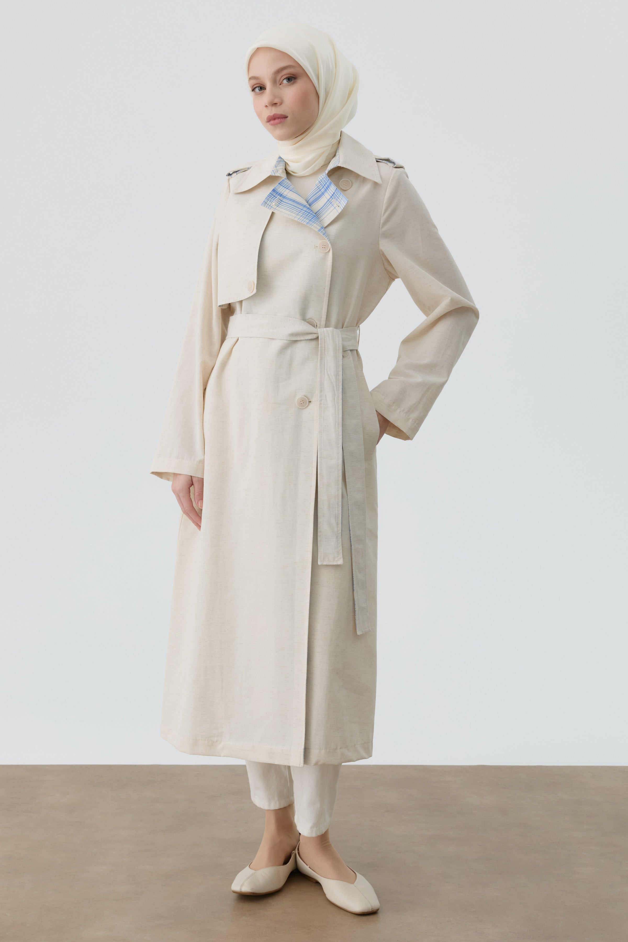 Ekose Kombinli Kemerli Trenç - Bej - İndigo TUGBA