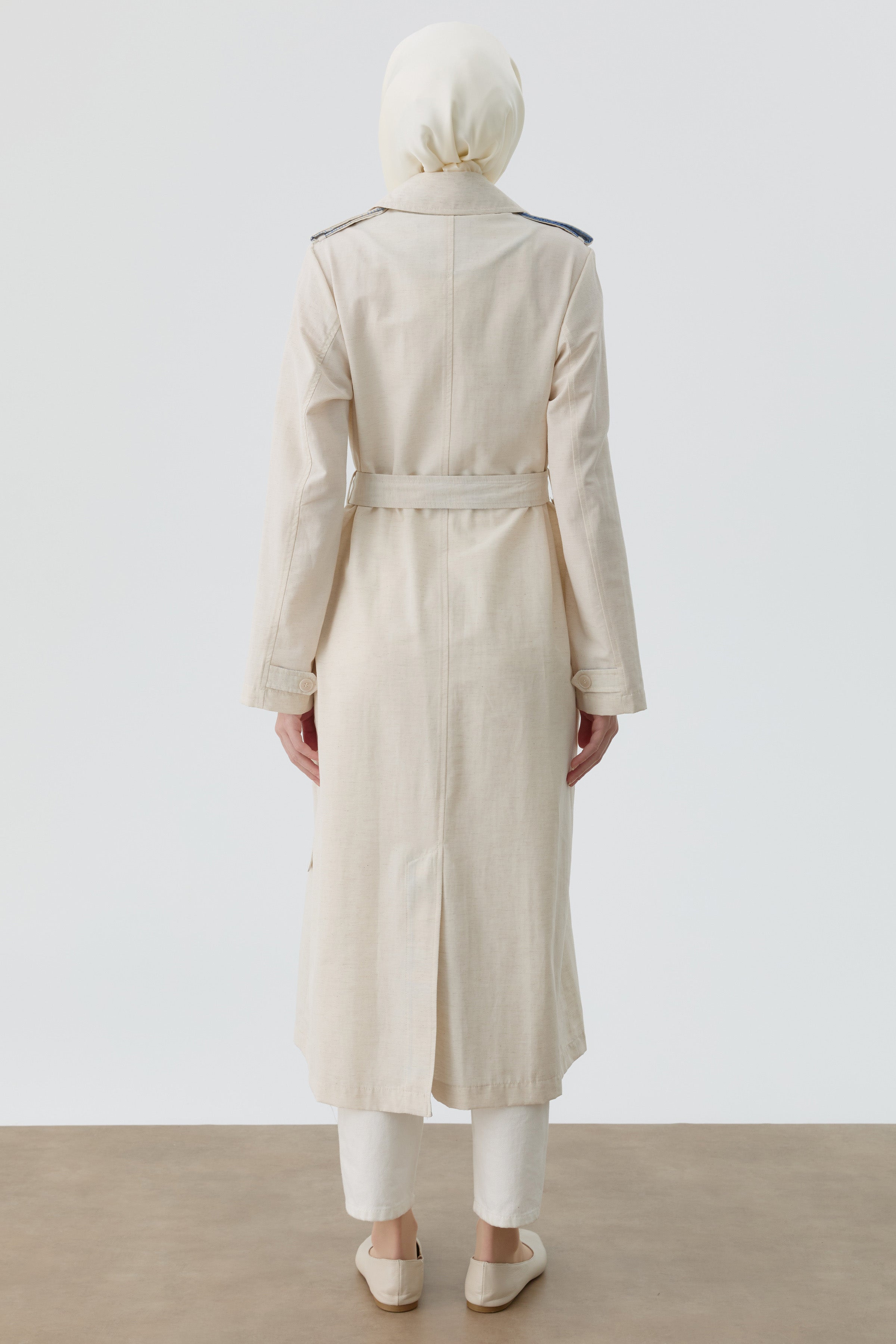 Ekose Kombinli Kemerli Trenç - Bej - İndigo TUGBA