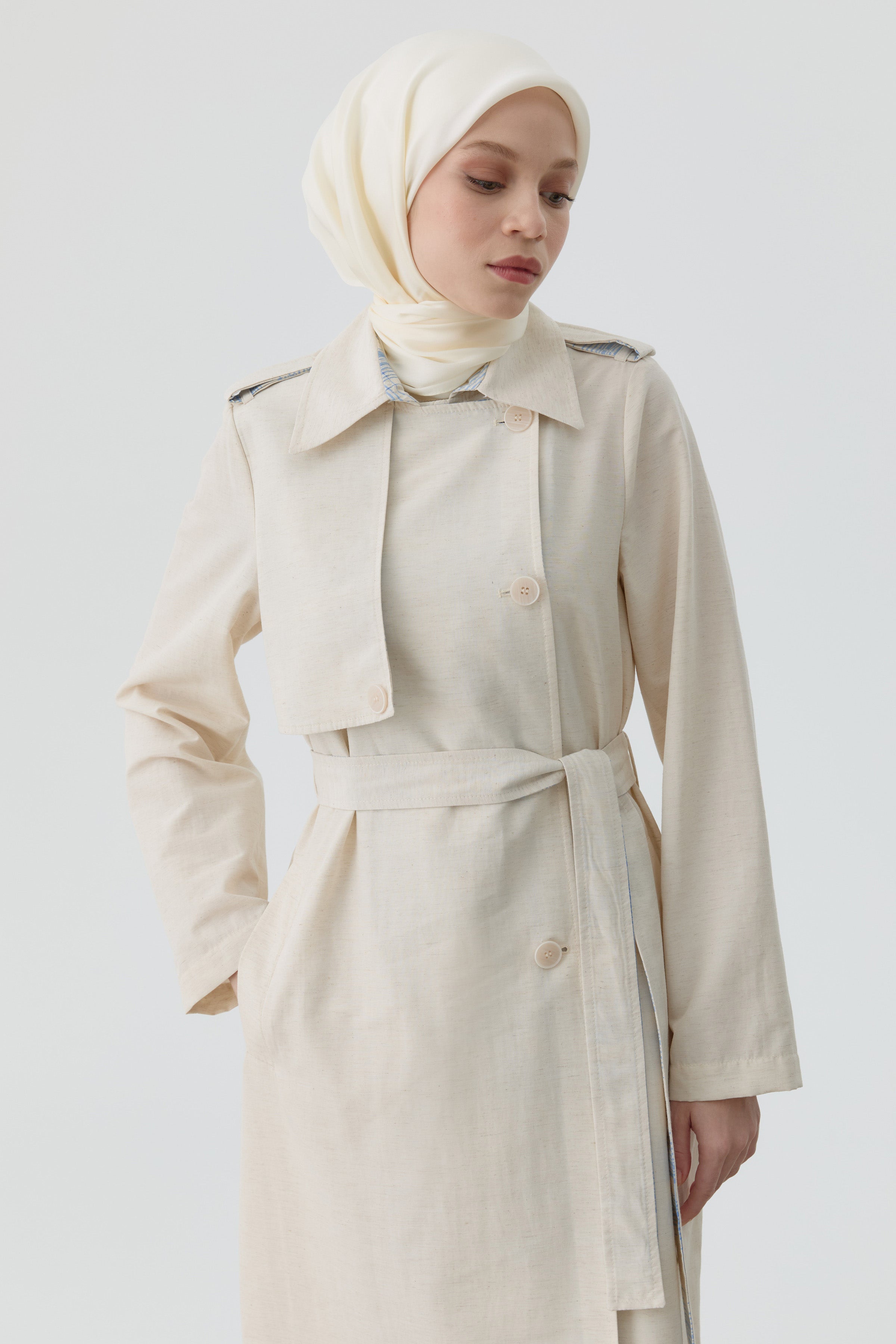 Ekose Kombinli Kemerli Trenç - Bej - İndigo TUGBA