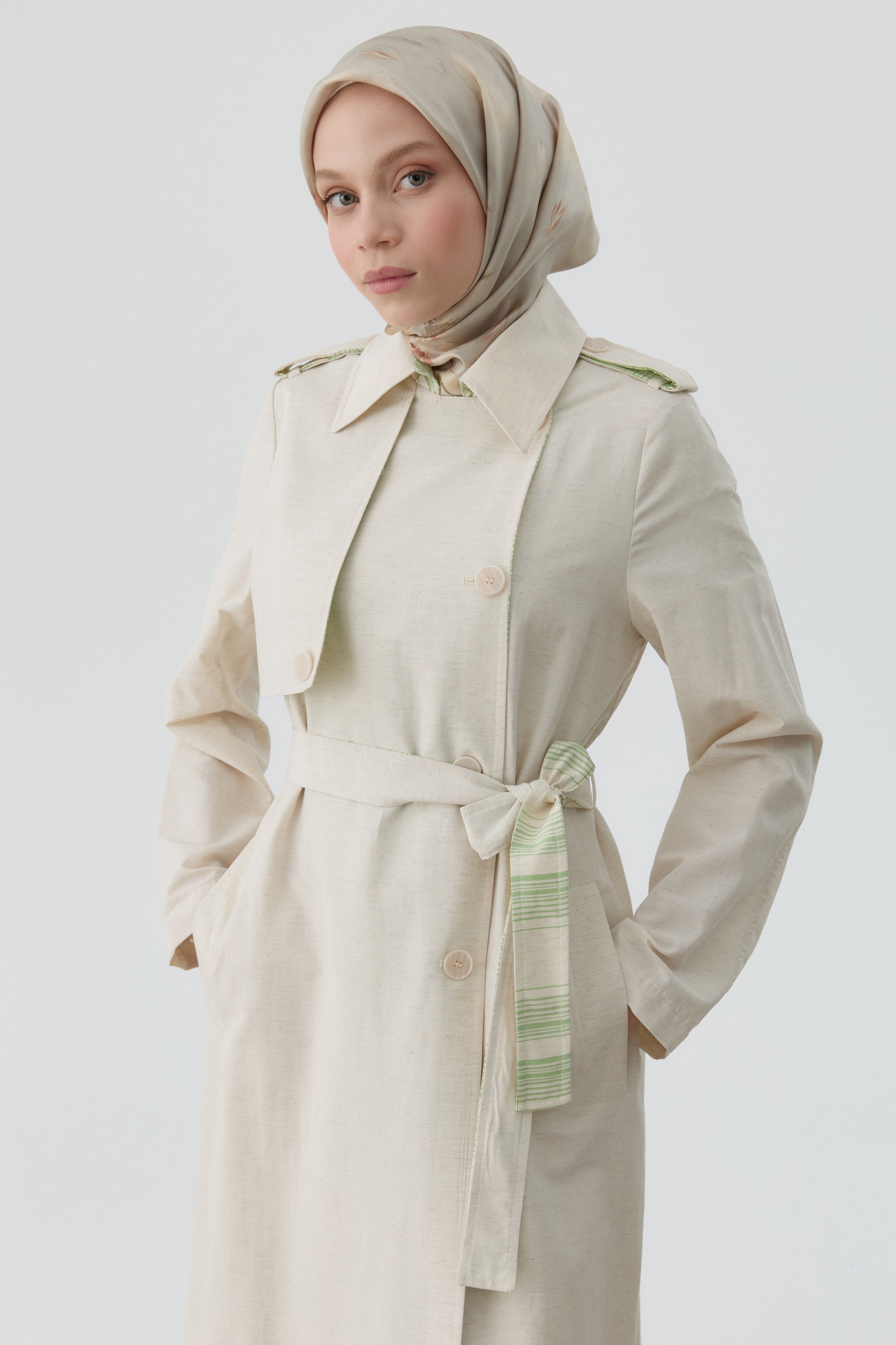 Ekose Kombinli Kemerli Trenç - Bej - Yeşil TUGBA