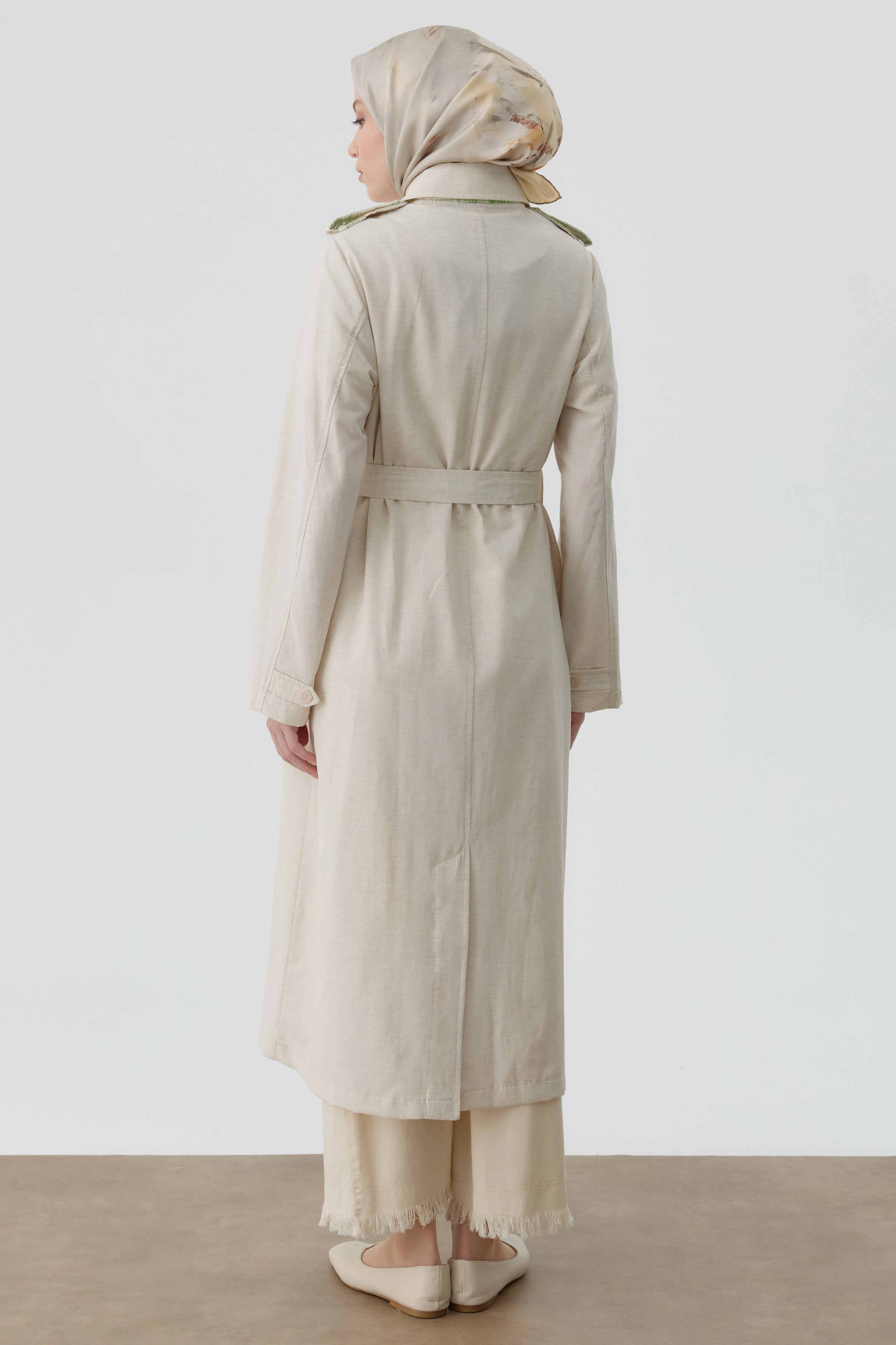 Ekose Kombinli Kemerli Trenç - Bej - Yeşil TUGBA