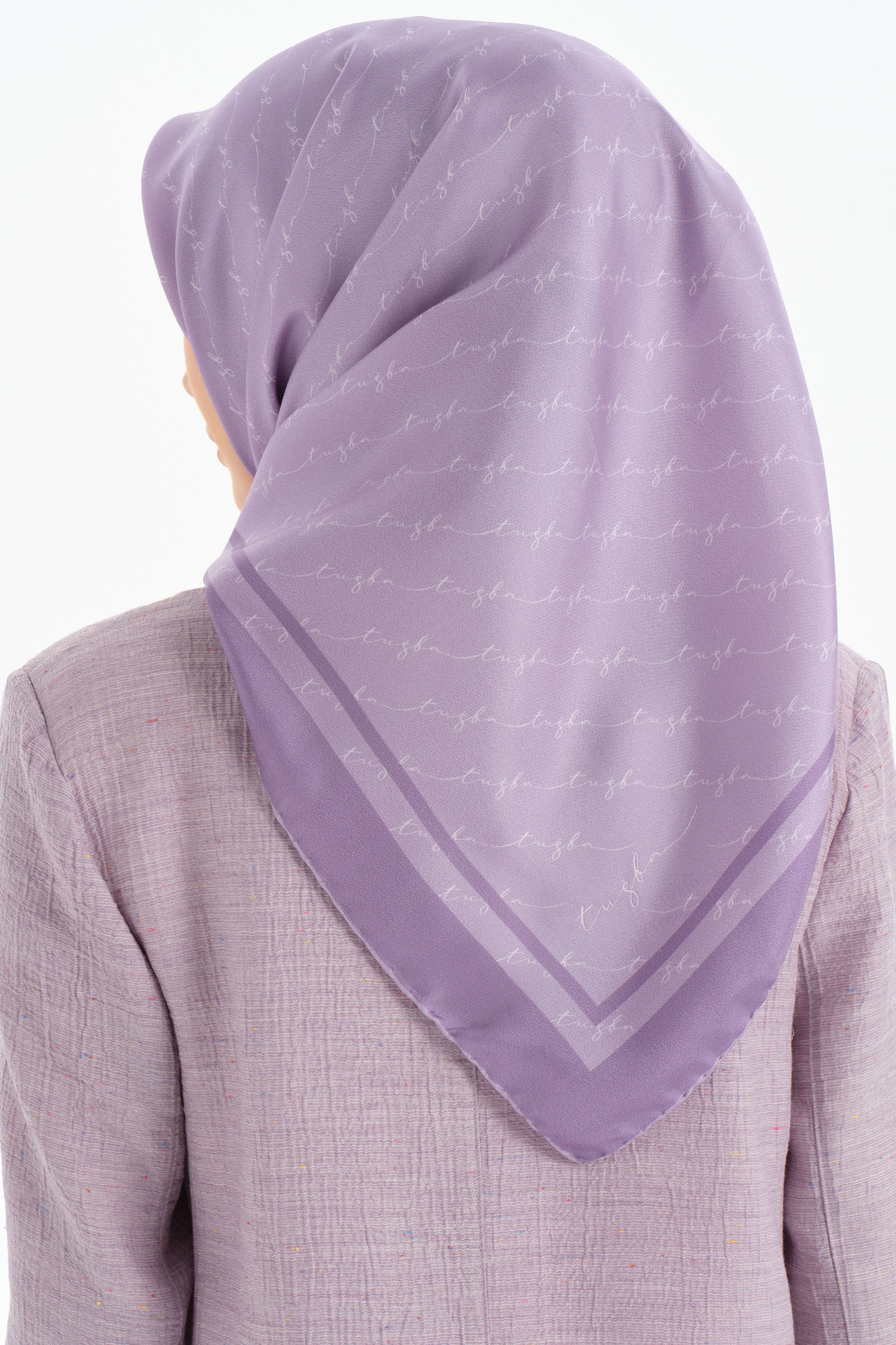 El Yazı Desenli Twill İpek Eşarp - Lila TUGBA