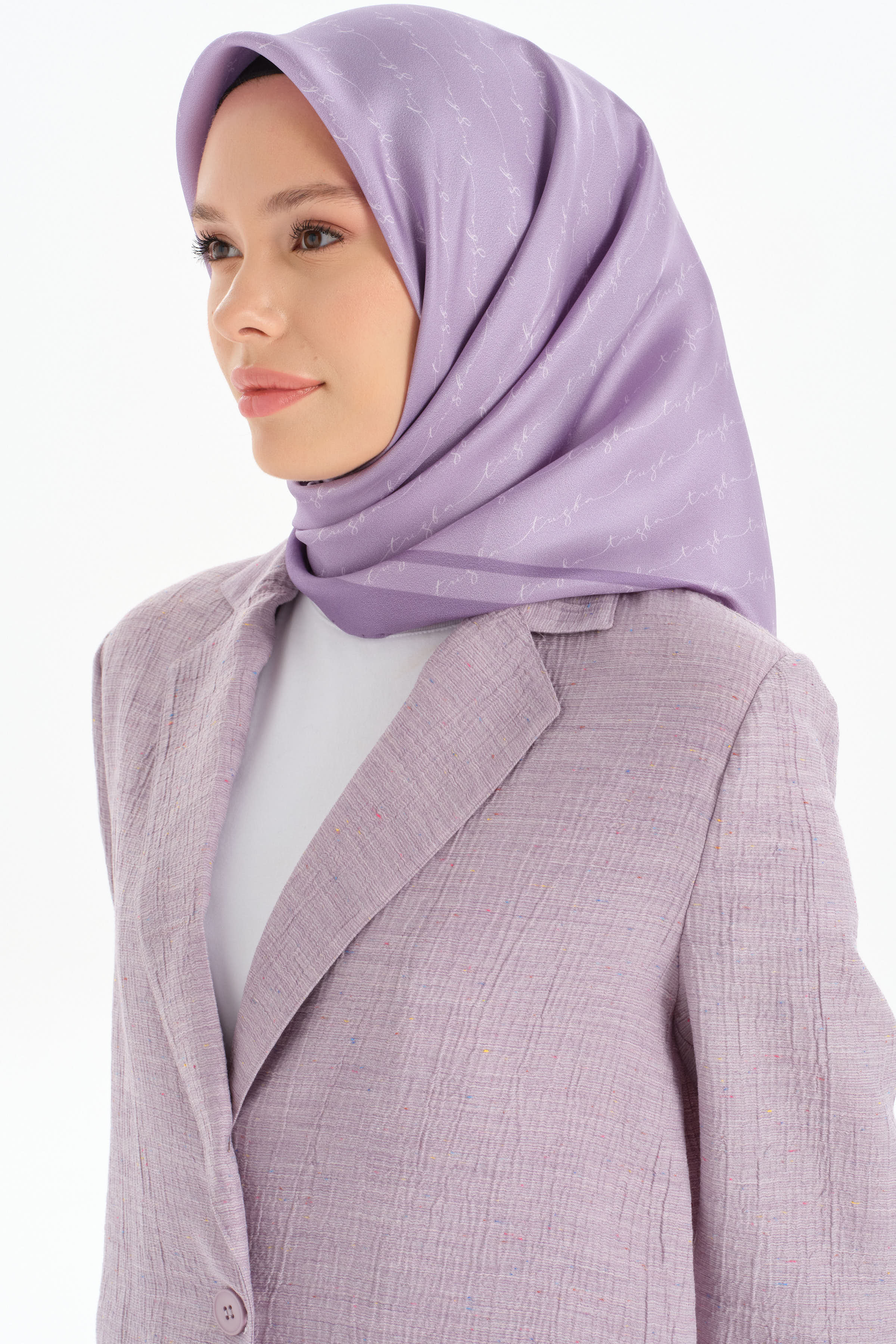 El Yazı Desenli Twill İpek Eşarp - Lila TUGBA