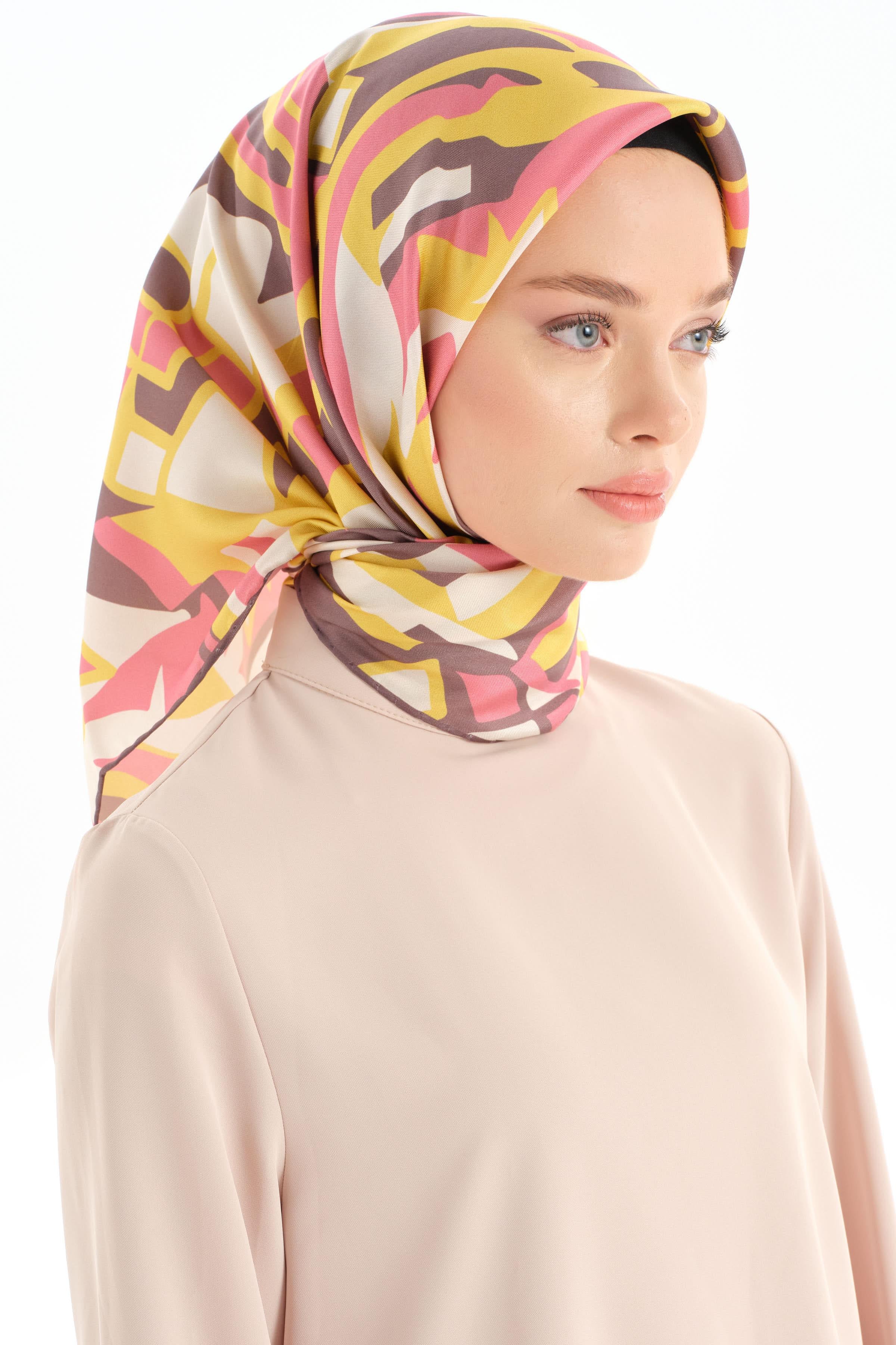 Etnik Desen Twill İpek Eşarp - Sarı TUGBA