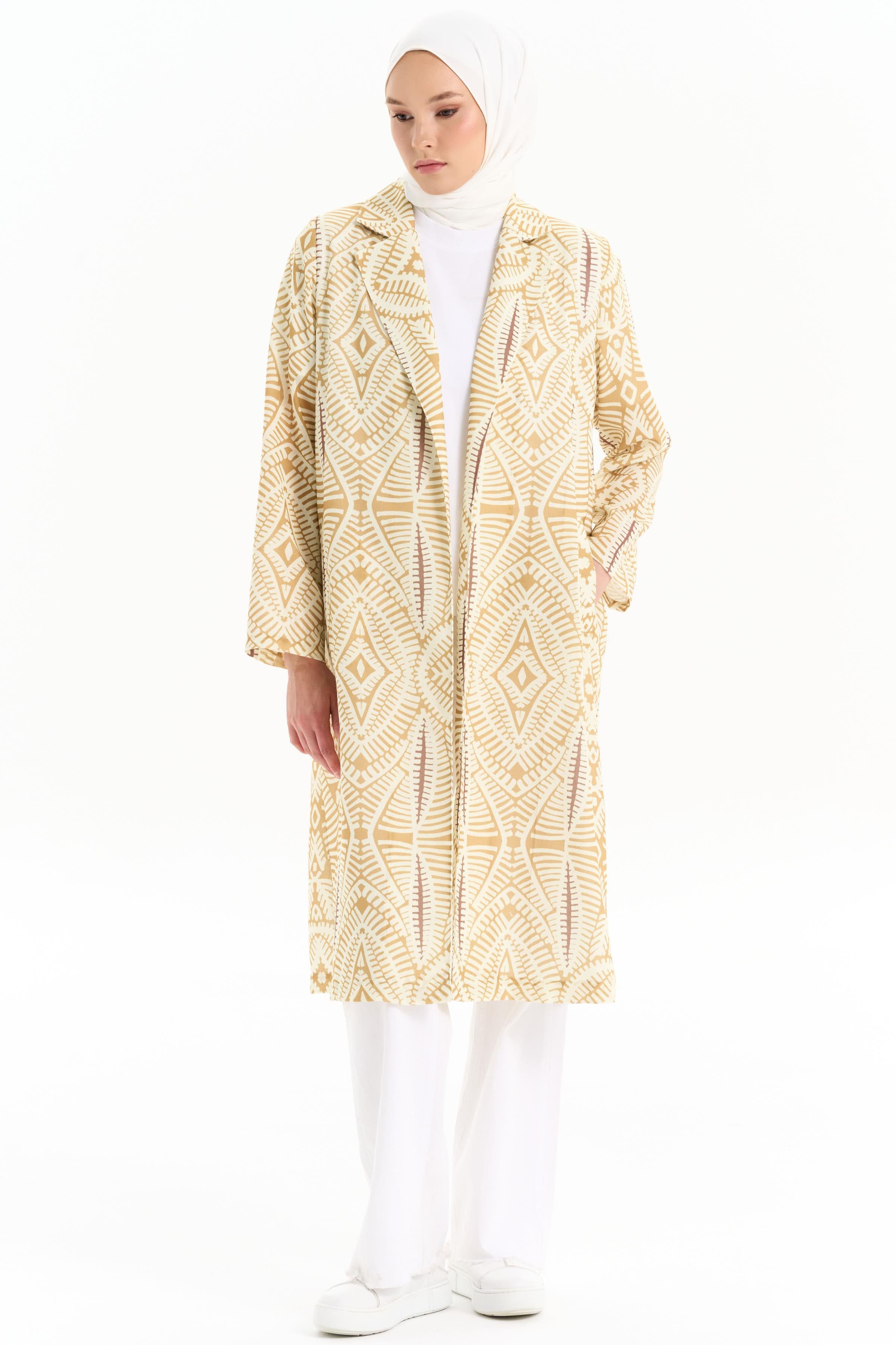 Etnik Desenli Keten Ceket - Olive TUGBA