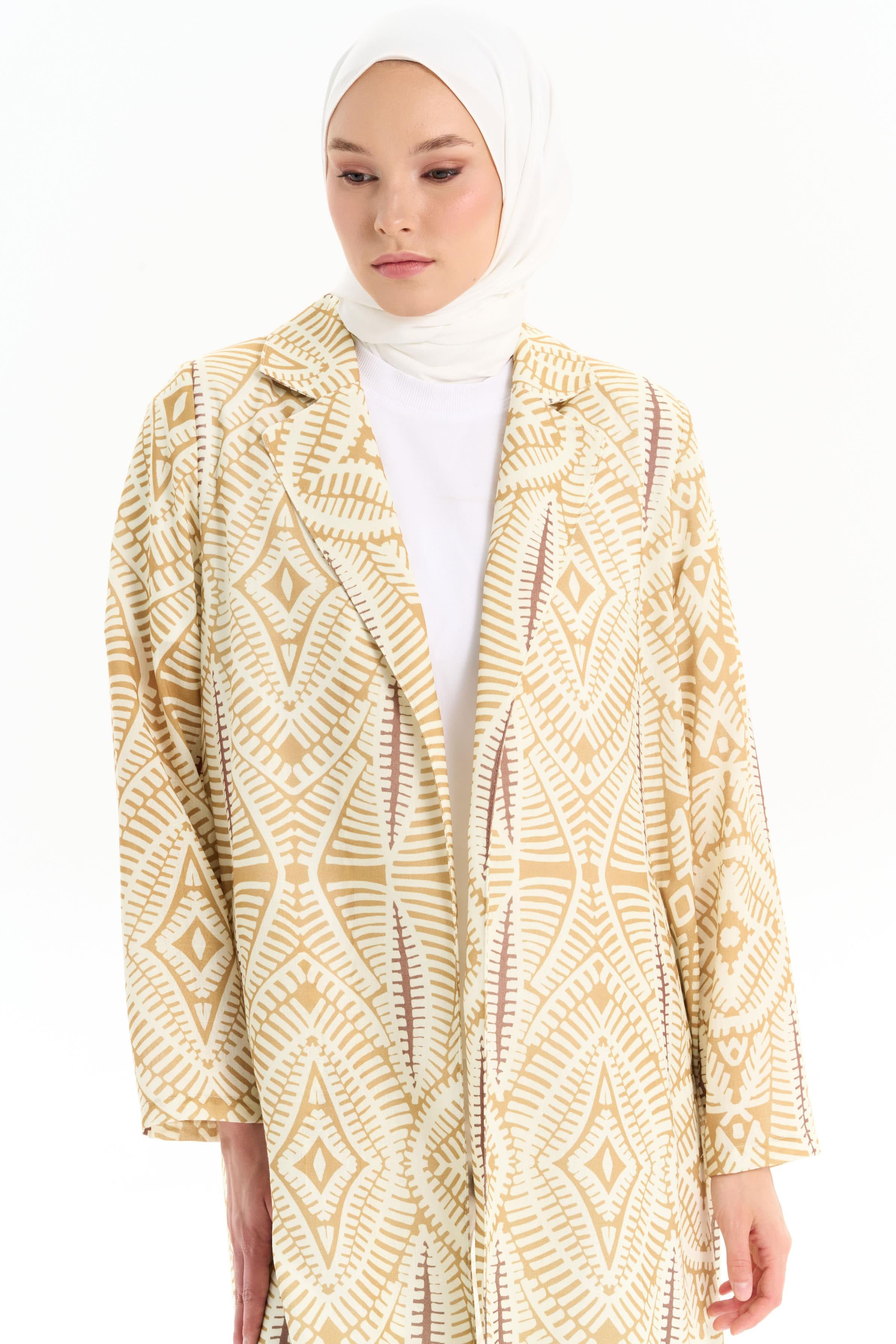 Etnik Desenli Keten Ceket - Olive TUGBA