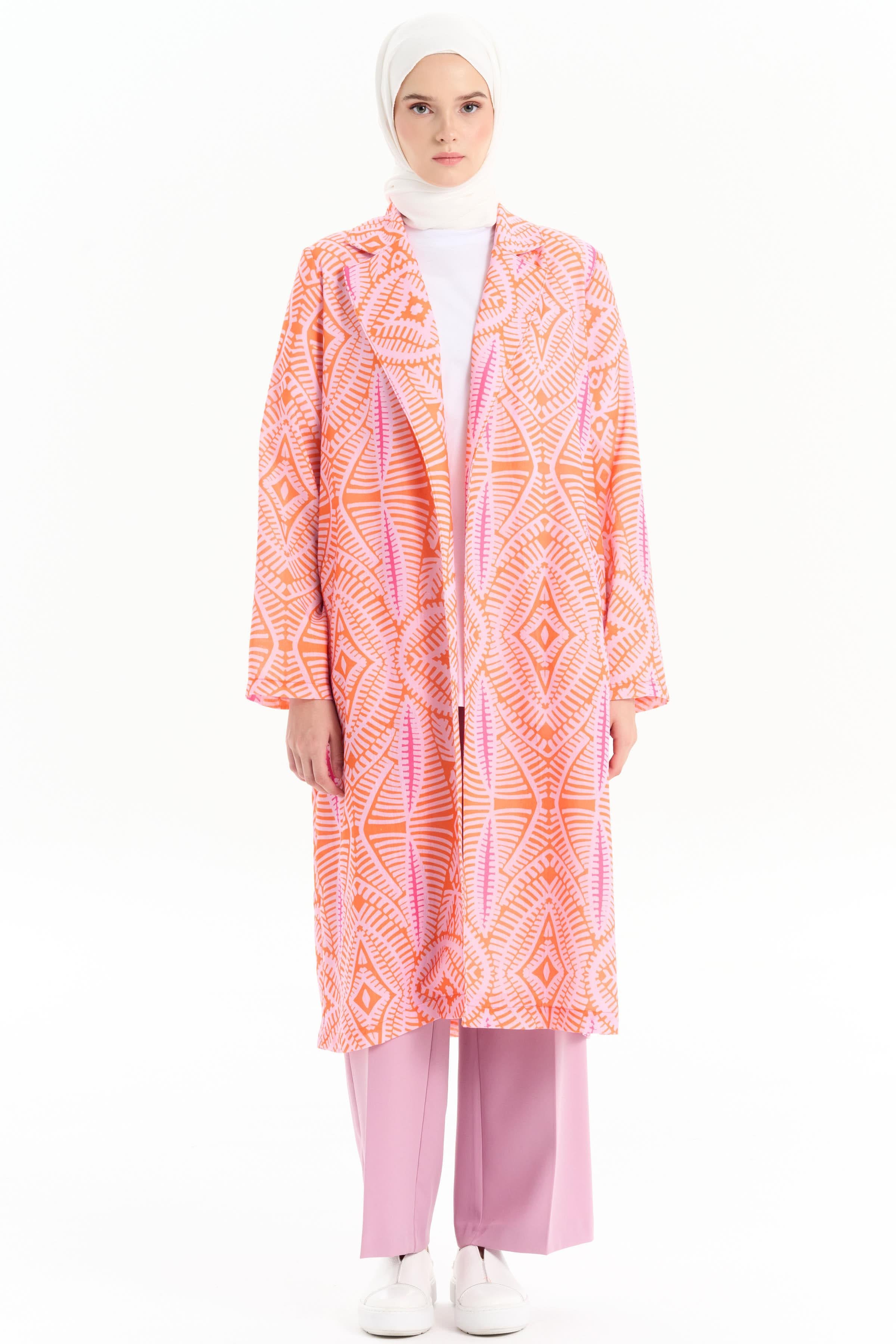 Etnik Desenli Keten Ceket - Oranj TUGBA