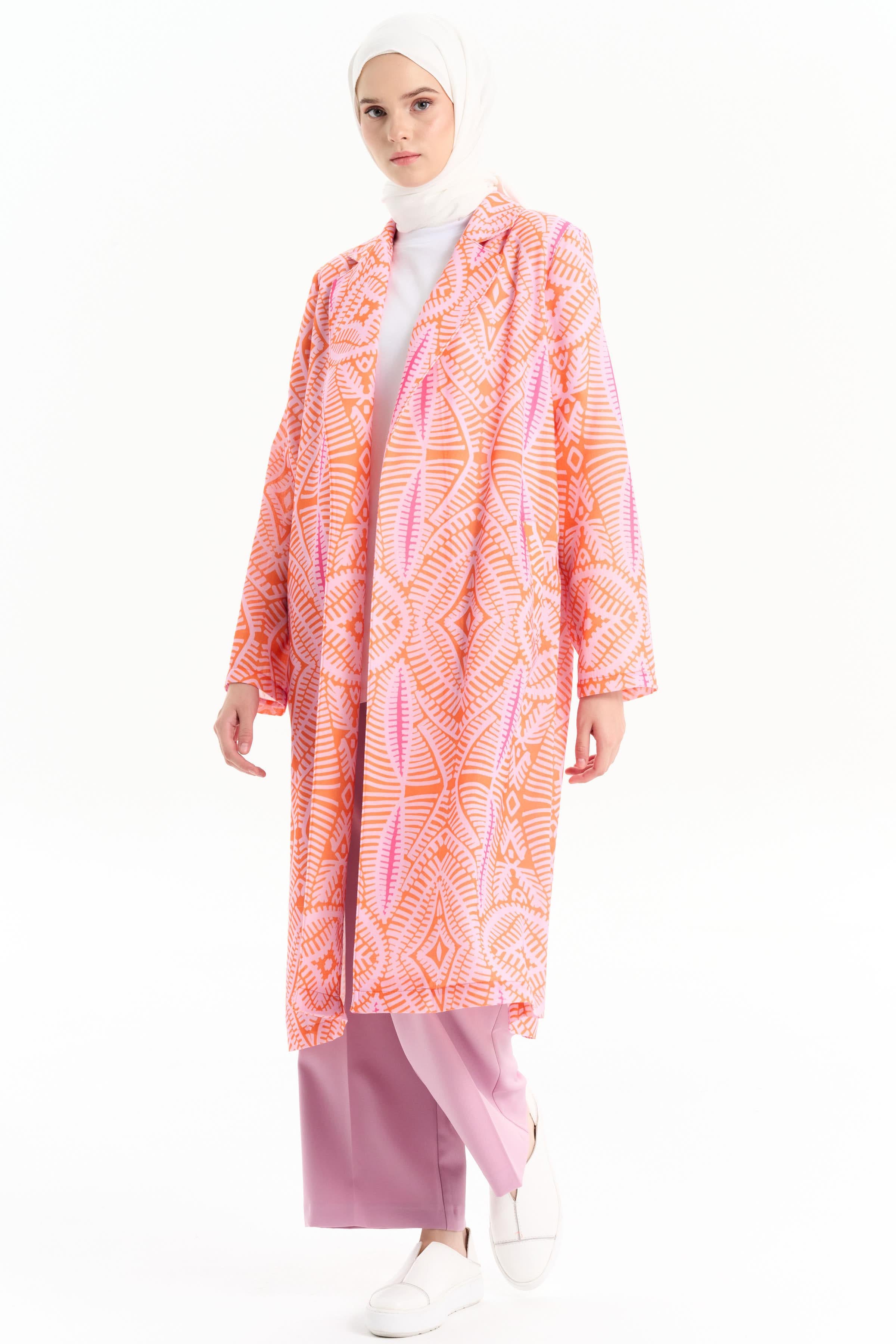 Etnik Desenli Keten Ceket - Oranj TUGBA