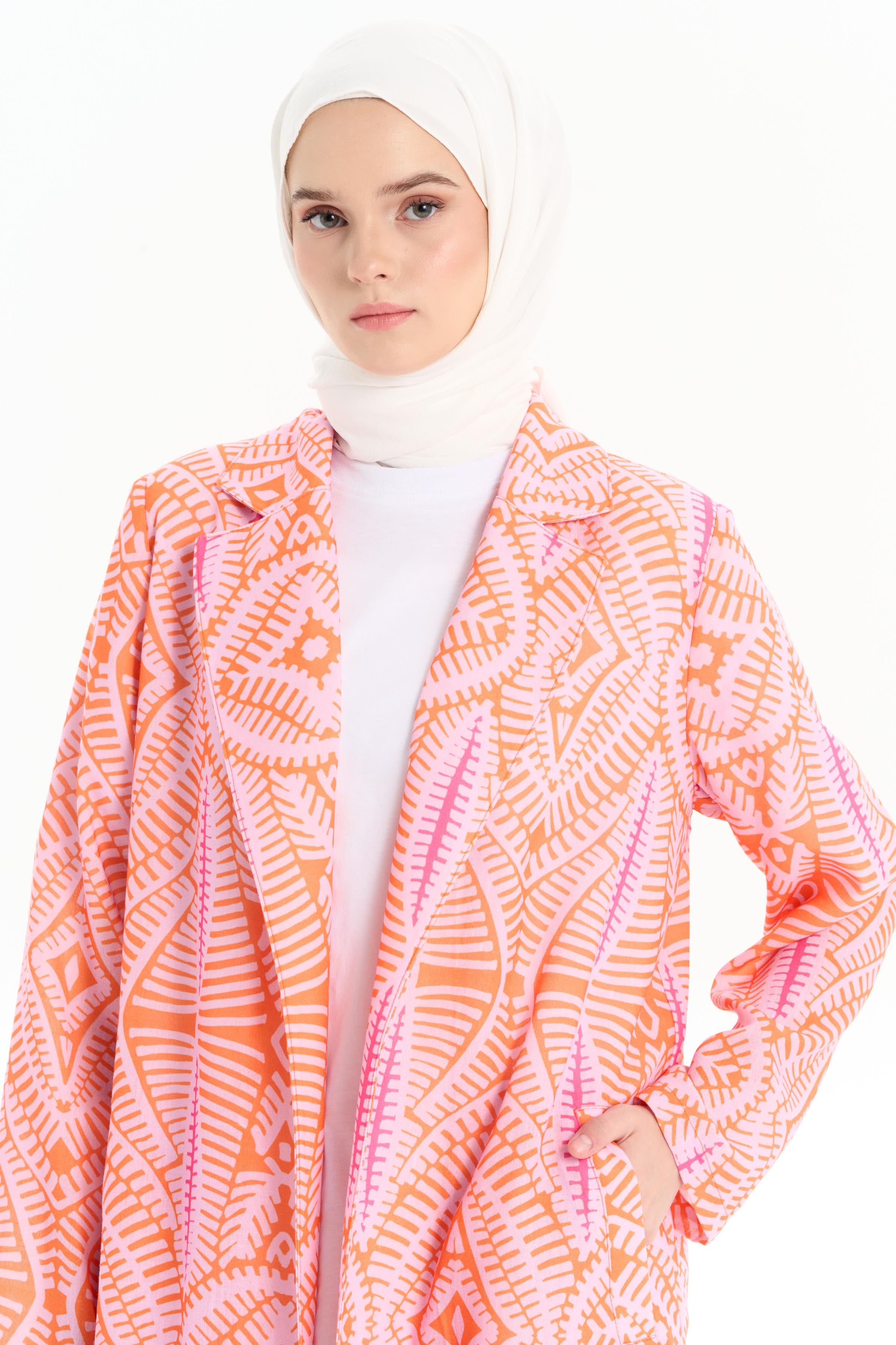 Etnik Desenli Keten Ceket - Oranj TUGBA