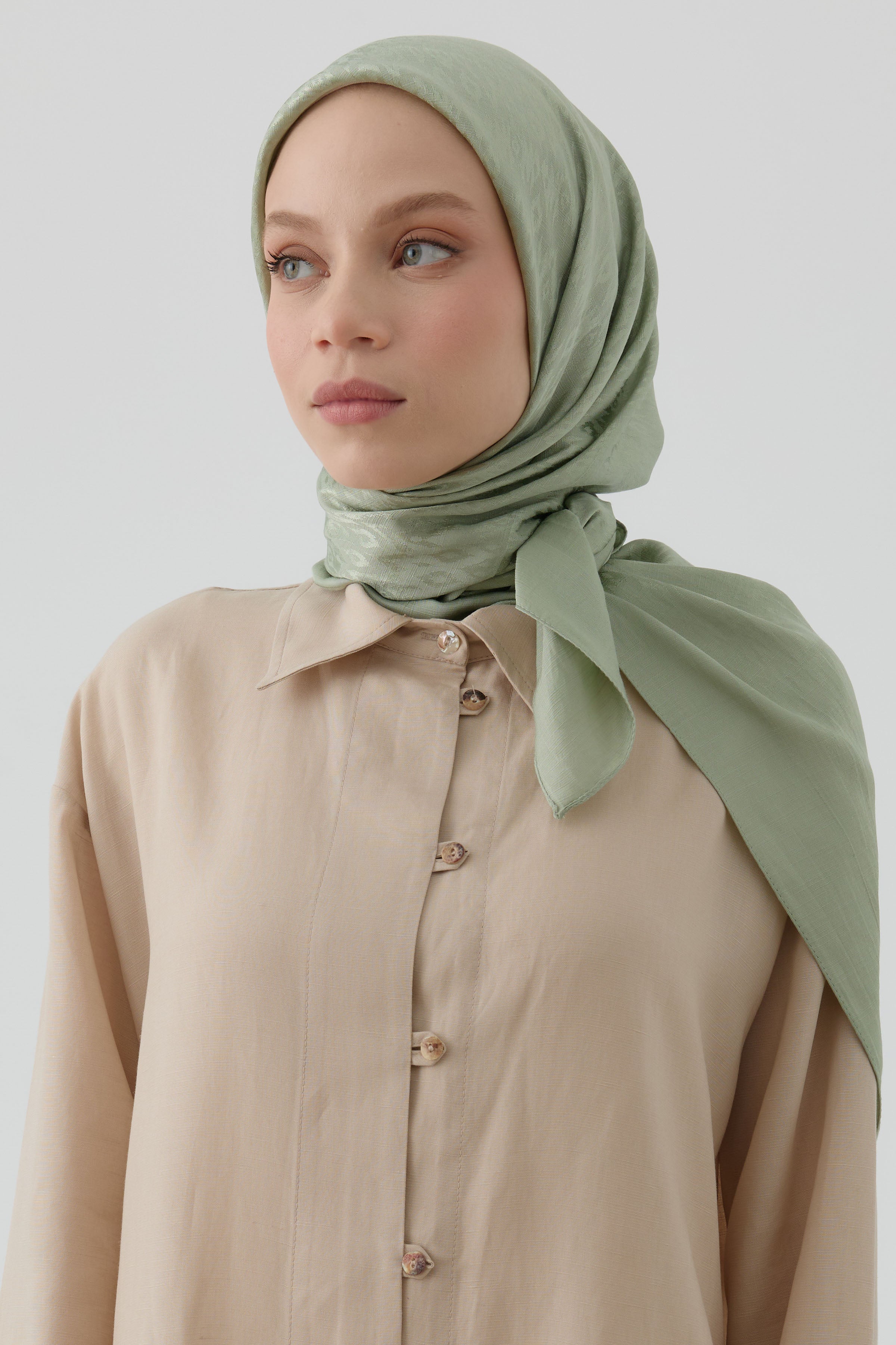 Etnik İkat Desenli Nida Naturel Eşarp - Mint TUGBA