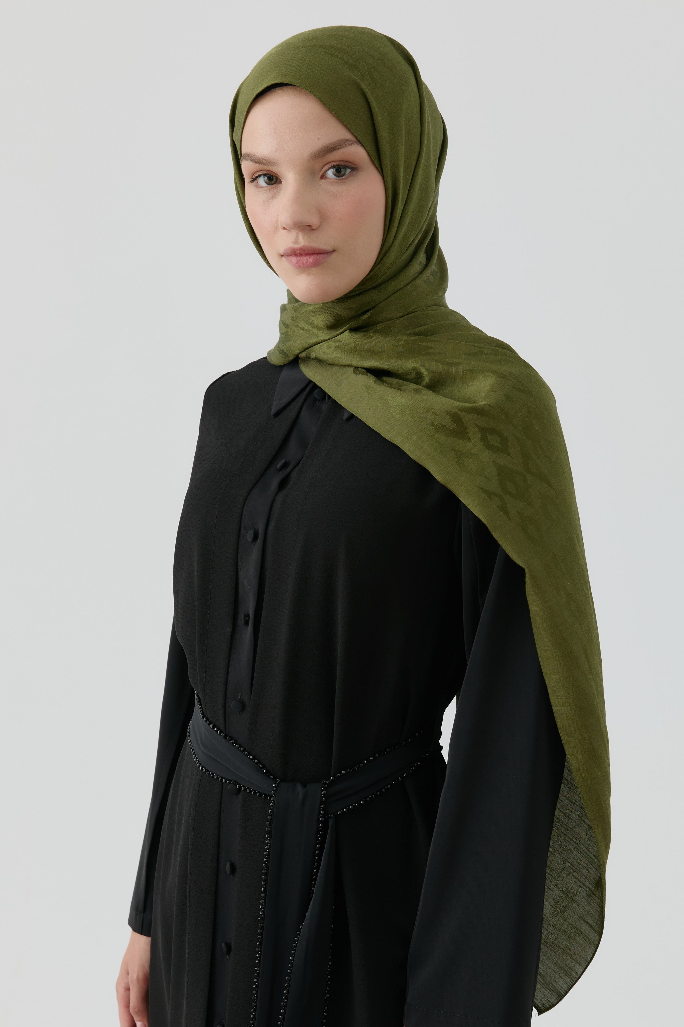 Etnik İkat Desenli Nida Naturel Şal - Haki TUGBA