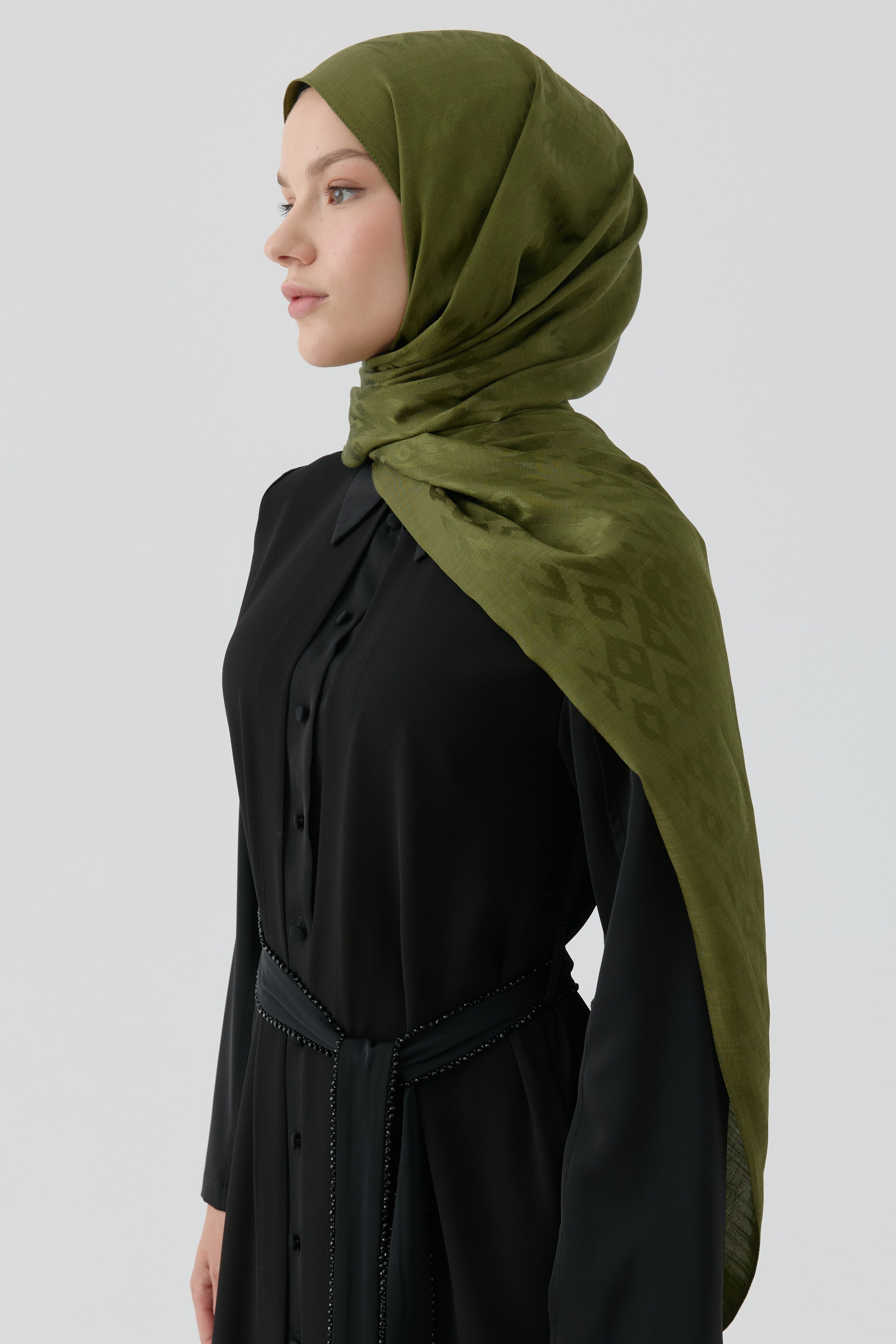 Etnik İkat Desenli Nida Naturel Şal - Haki TUGBA