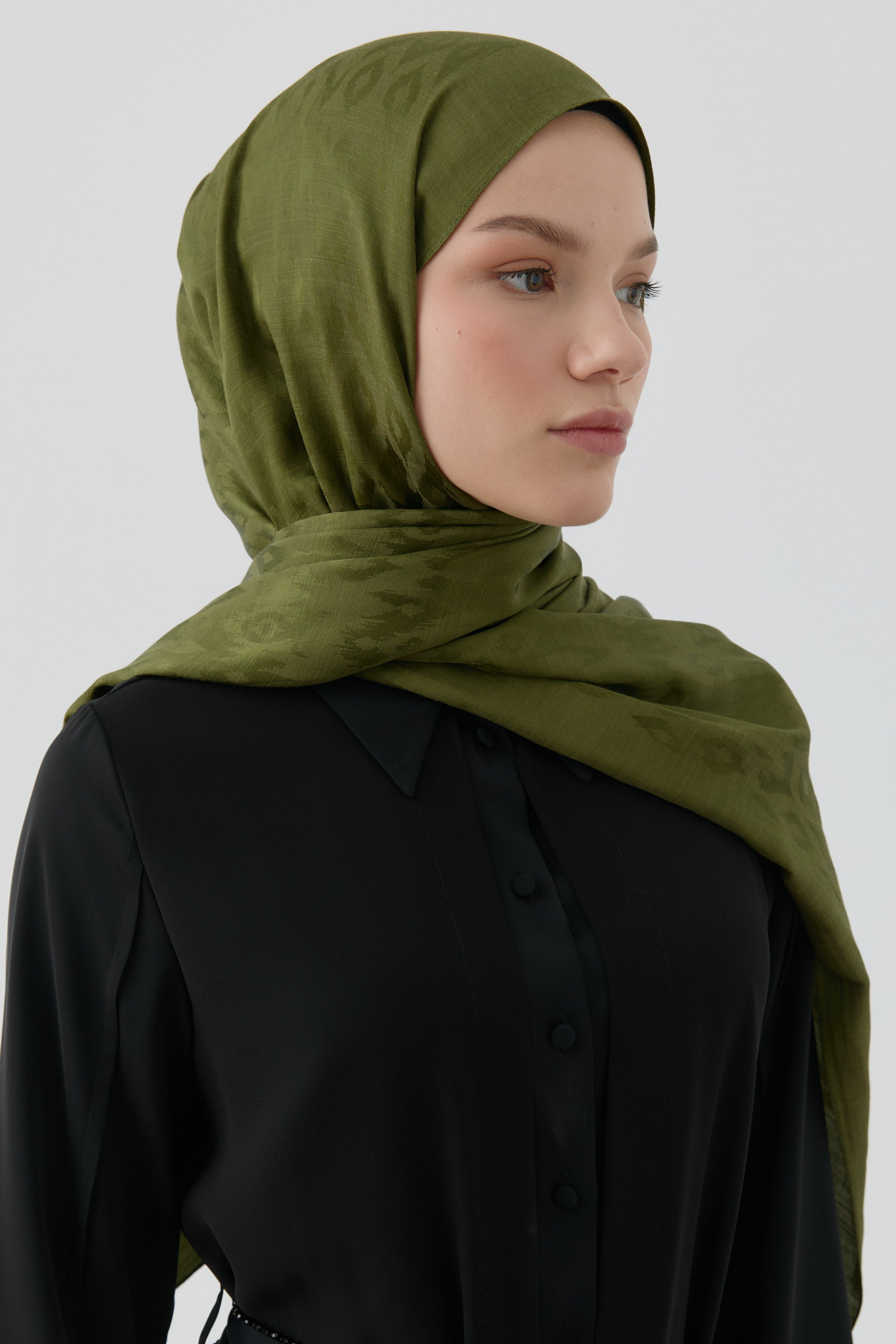 Etnik İkat Desenli Nida Naturel Şal - Haki TUGBA