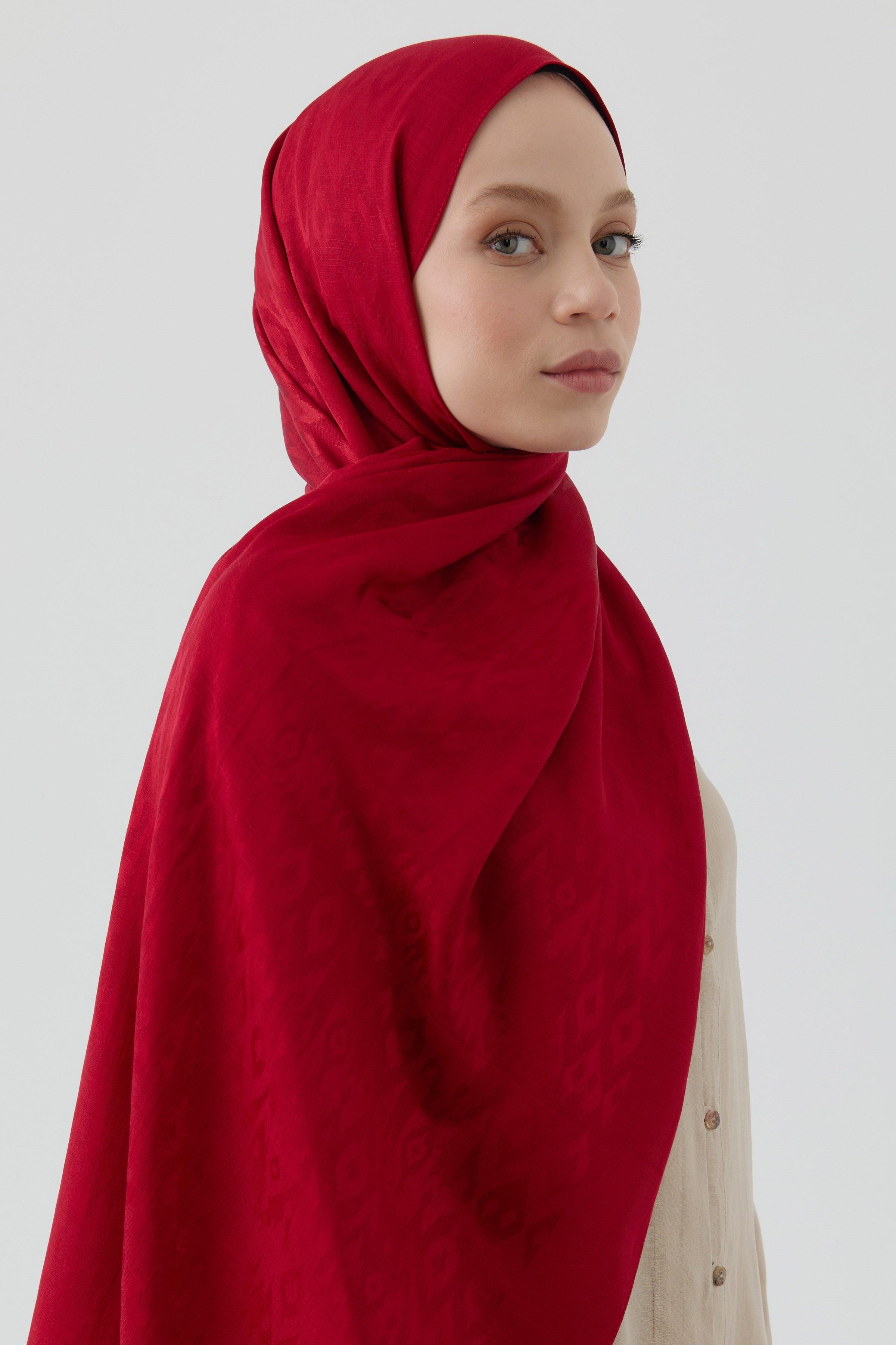 Etnik İkat Desenli Nida Naturel Şal - Kırmızı TUGBA