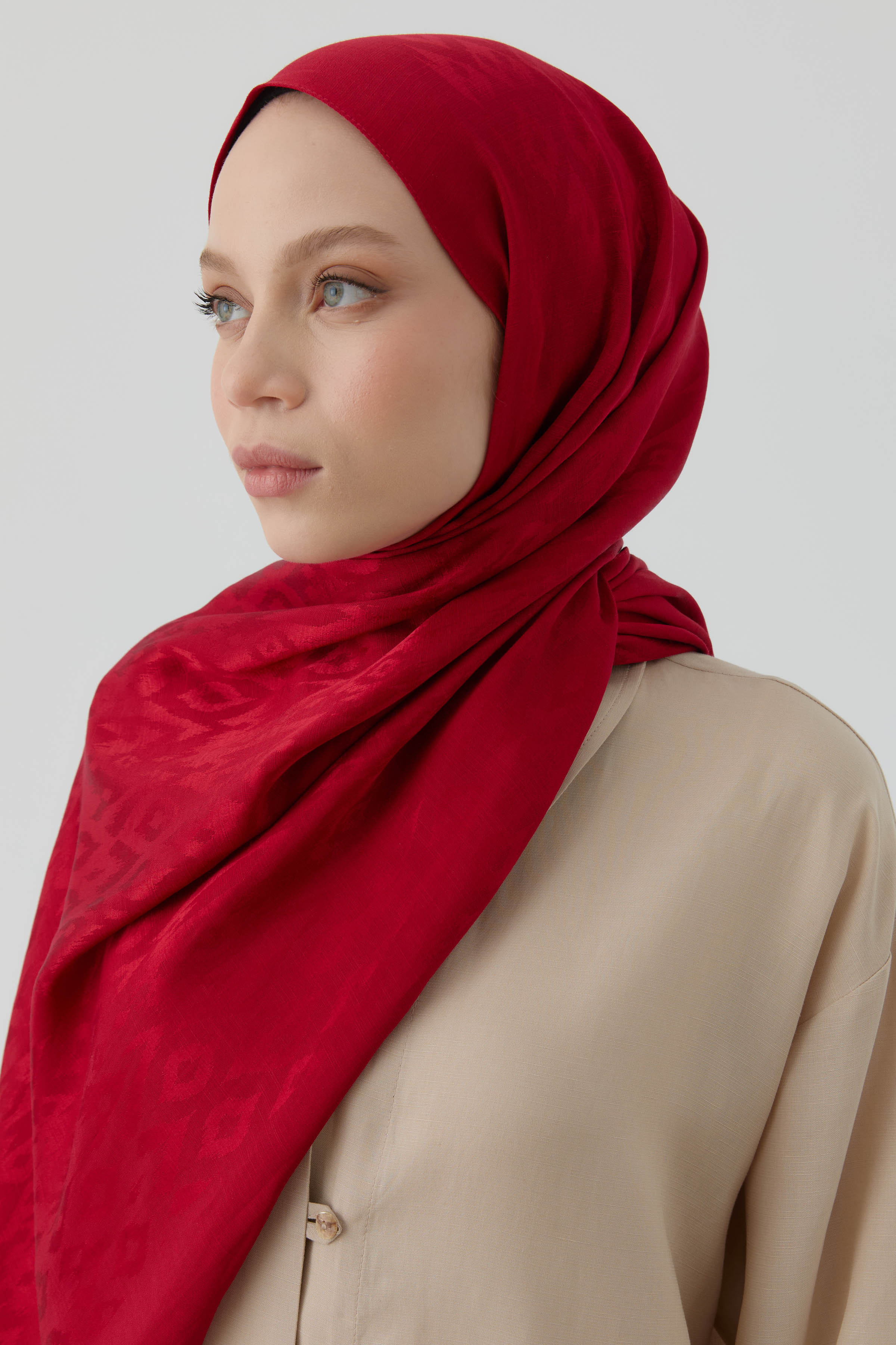 Etnik İkat Desenli Nida Naturel Şal - Kırmızı TUGBA