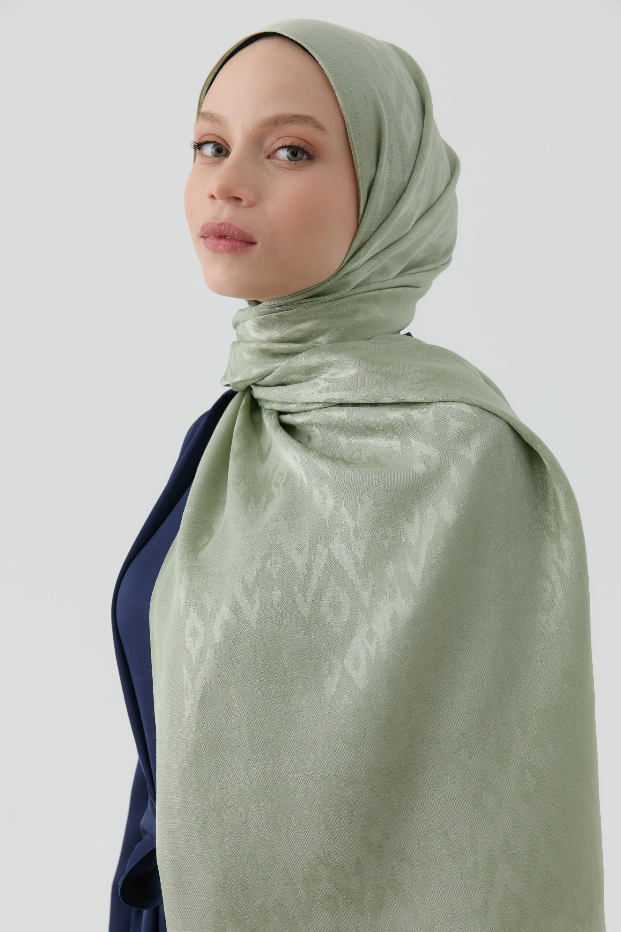 Etnik İkat Desenli Nida Naturel Şal - Mint TUGBA