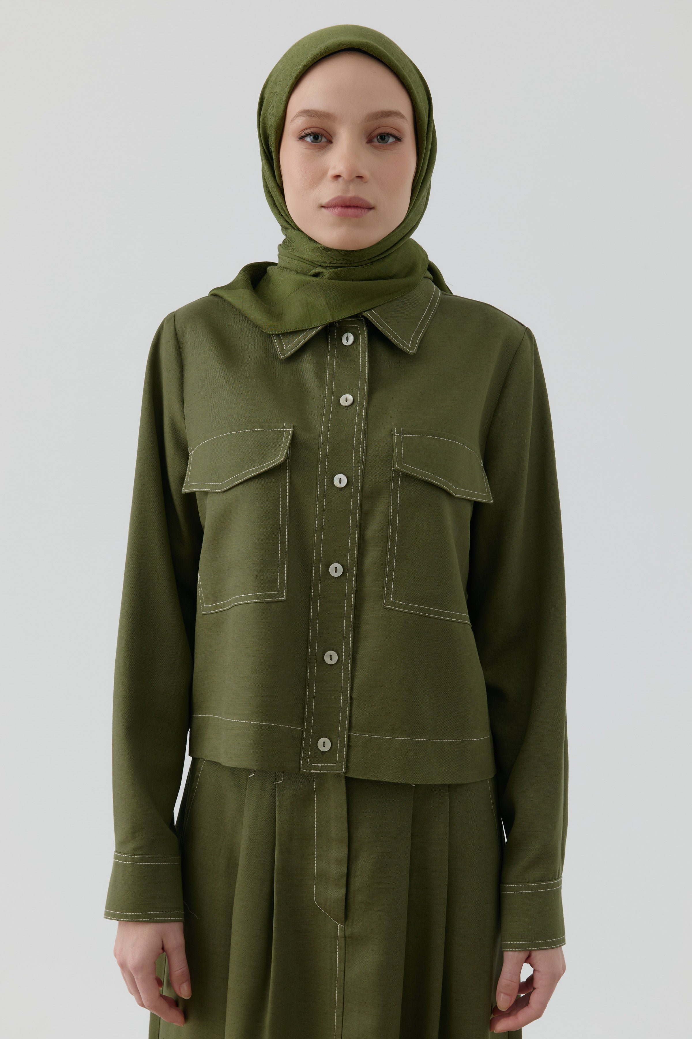 Etnik Şal Desenli Naturel Eşarp - Haki TUGBA