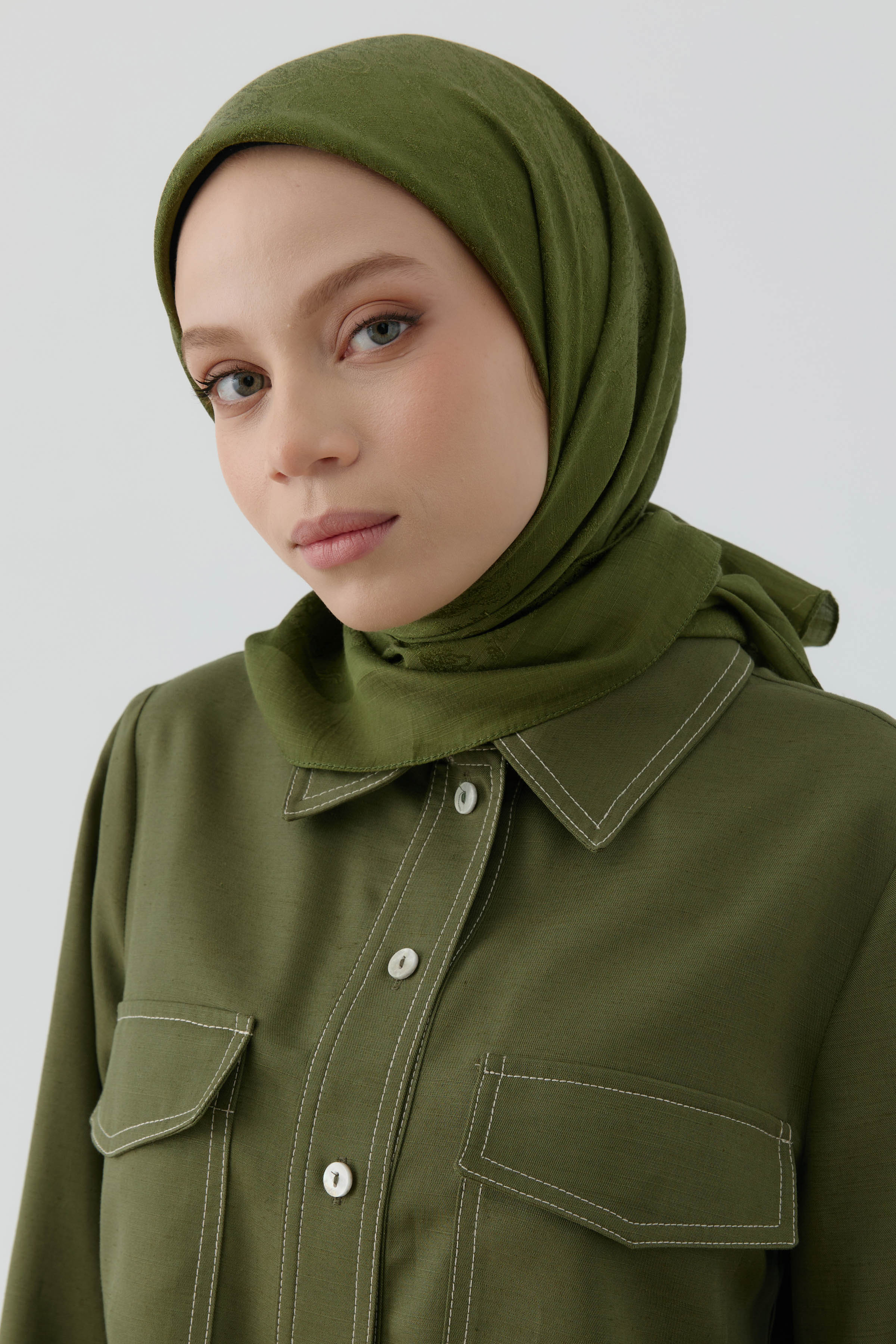 Etnik Şal Desenli Naturel Eşarp - Haki TUGBA