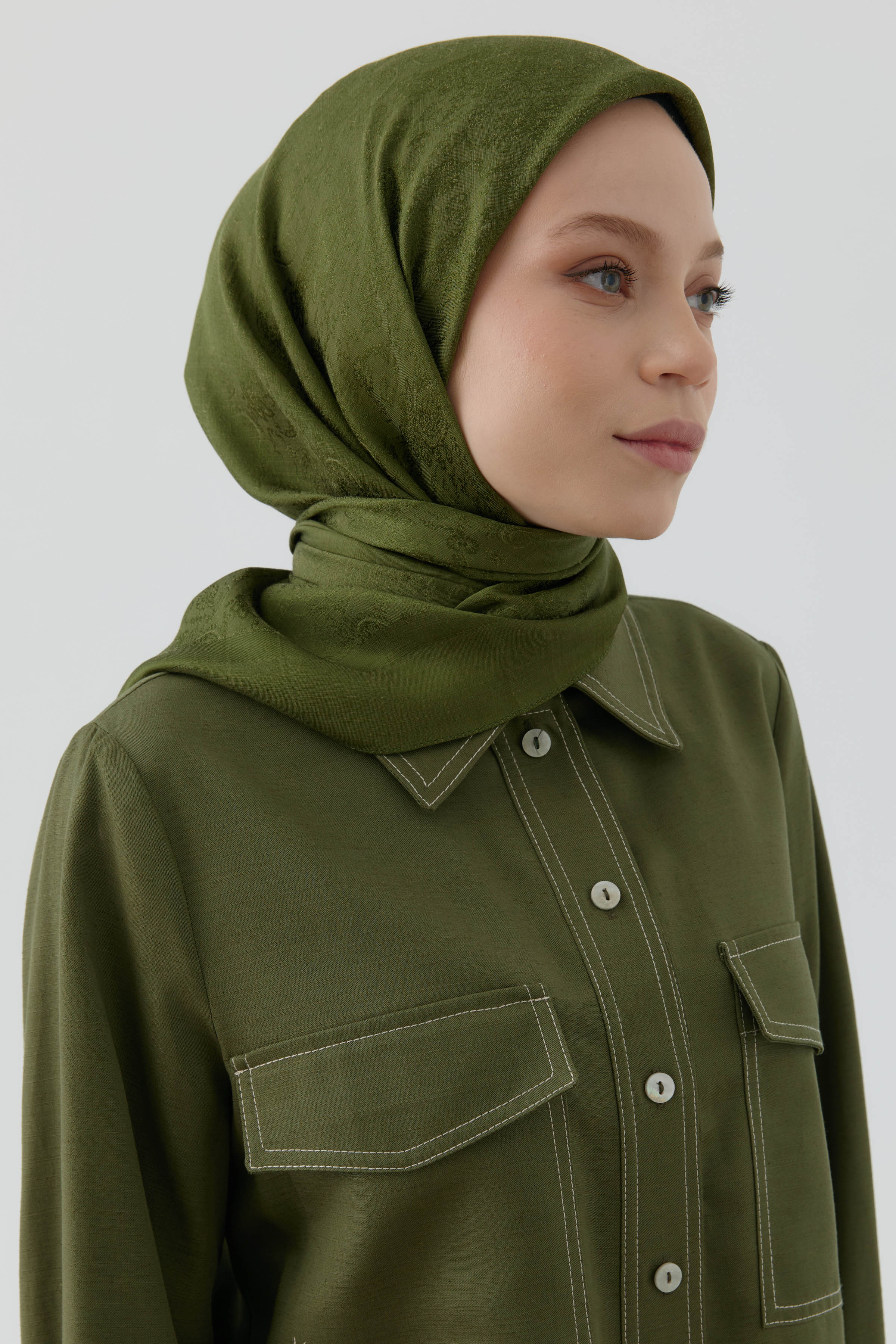 Etnik Şal Desenli Naturel Eşarp - Haki TUGBA