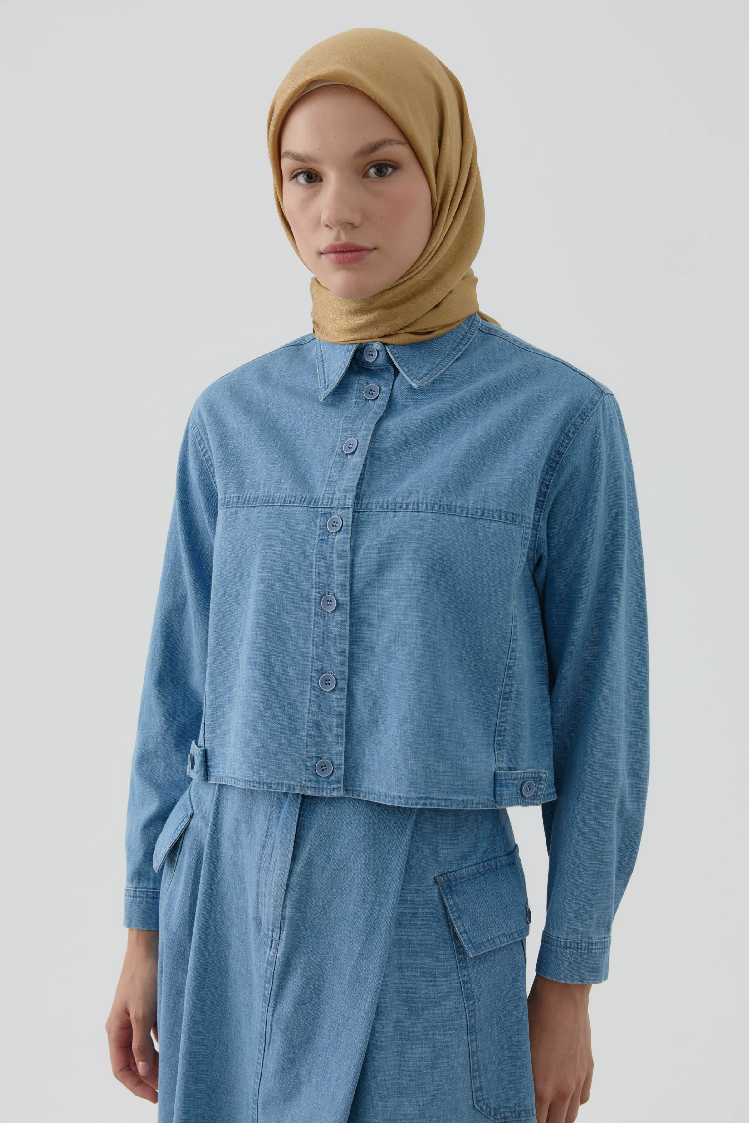 Etnik Şal Desenli Naturel Eşarp - Safran TUGBA