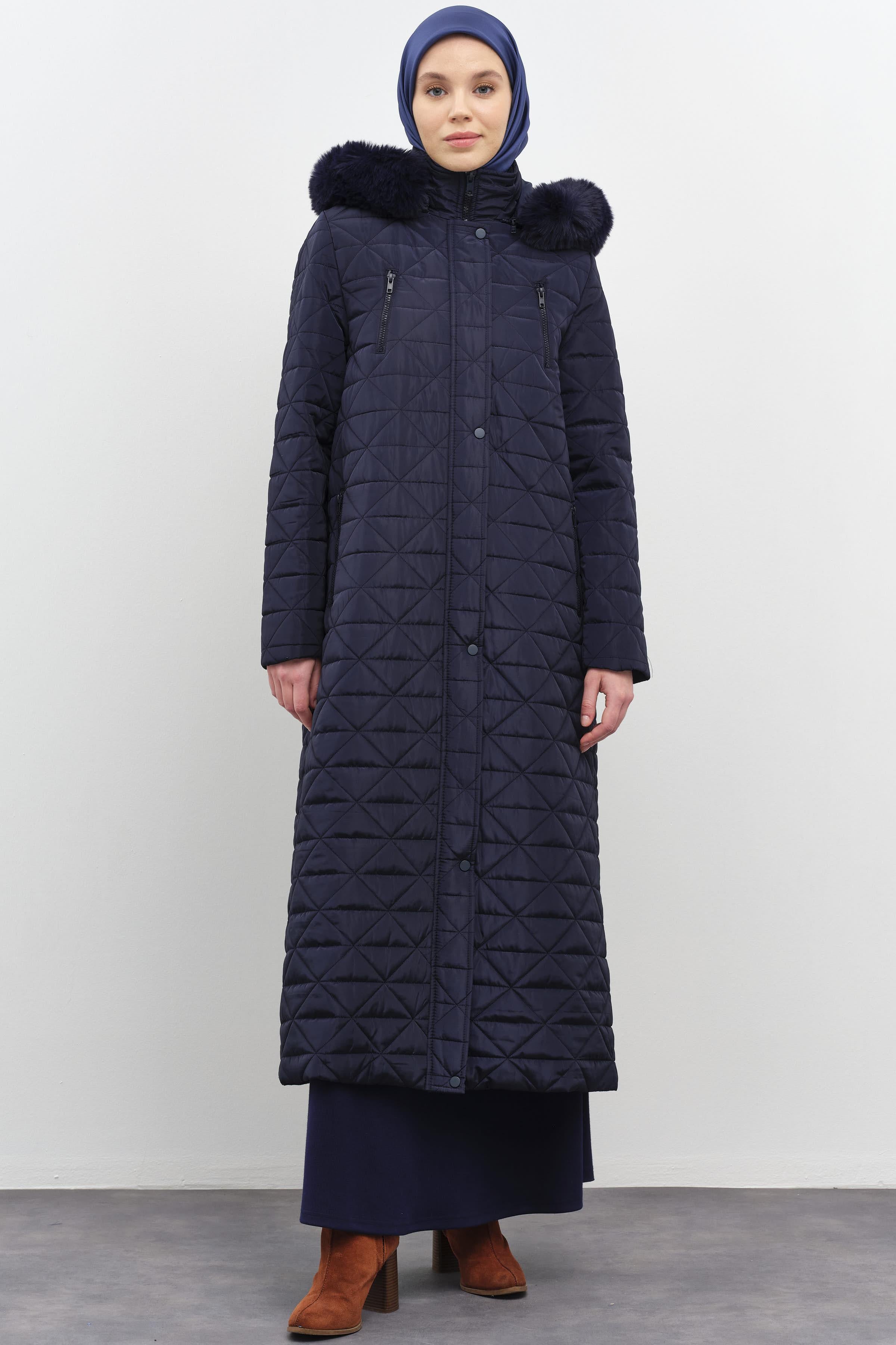 Fermuar Cep Detaylı Kapüşonlu Kapitone Manto - İndigo TUGBA