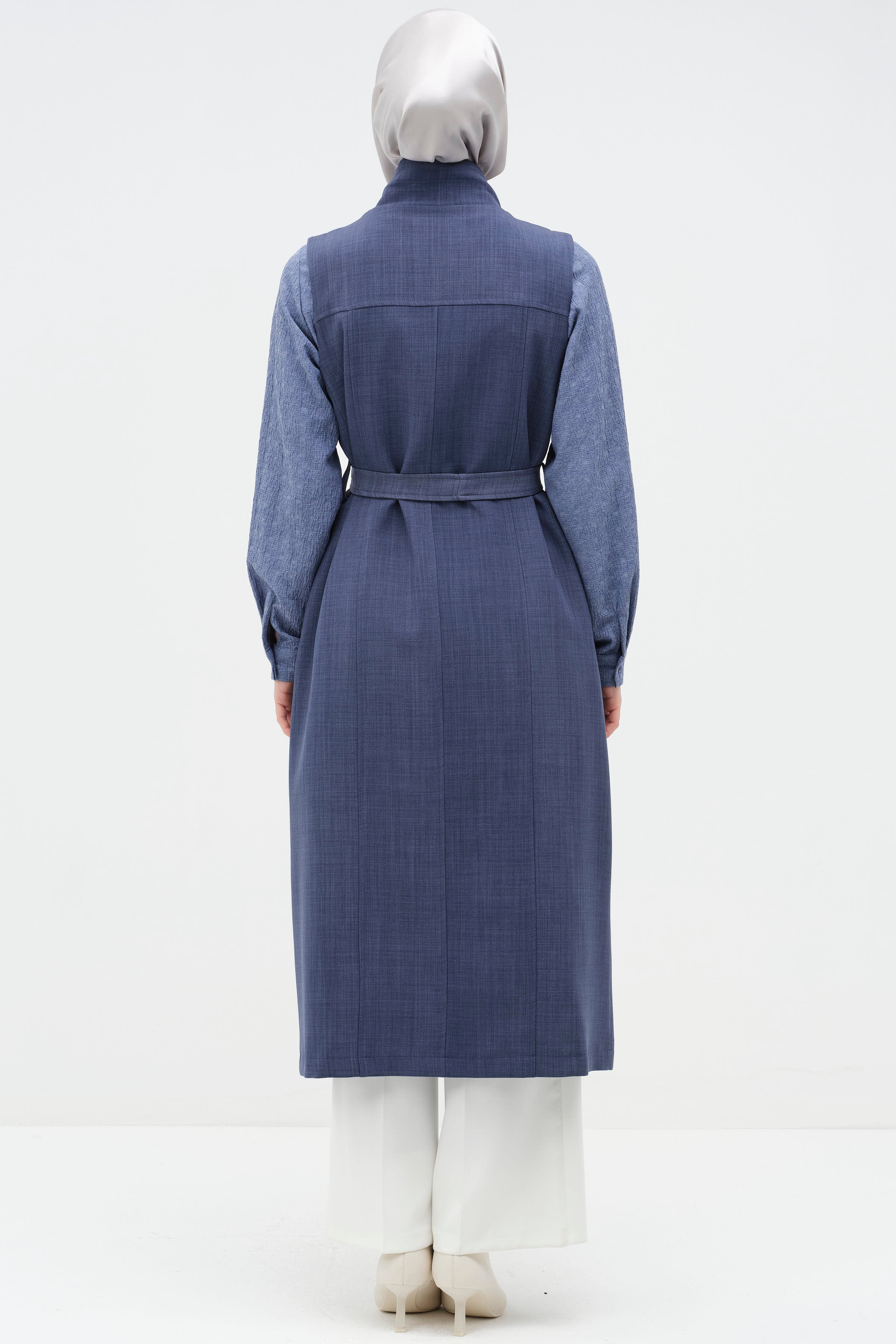 Fermuar Cepli Kuşaklı Yelek - İndigo TUGBA