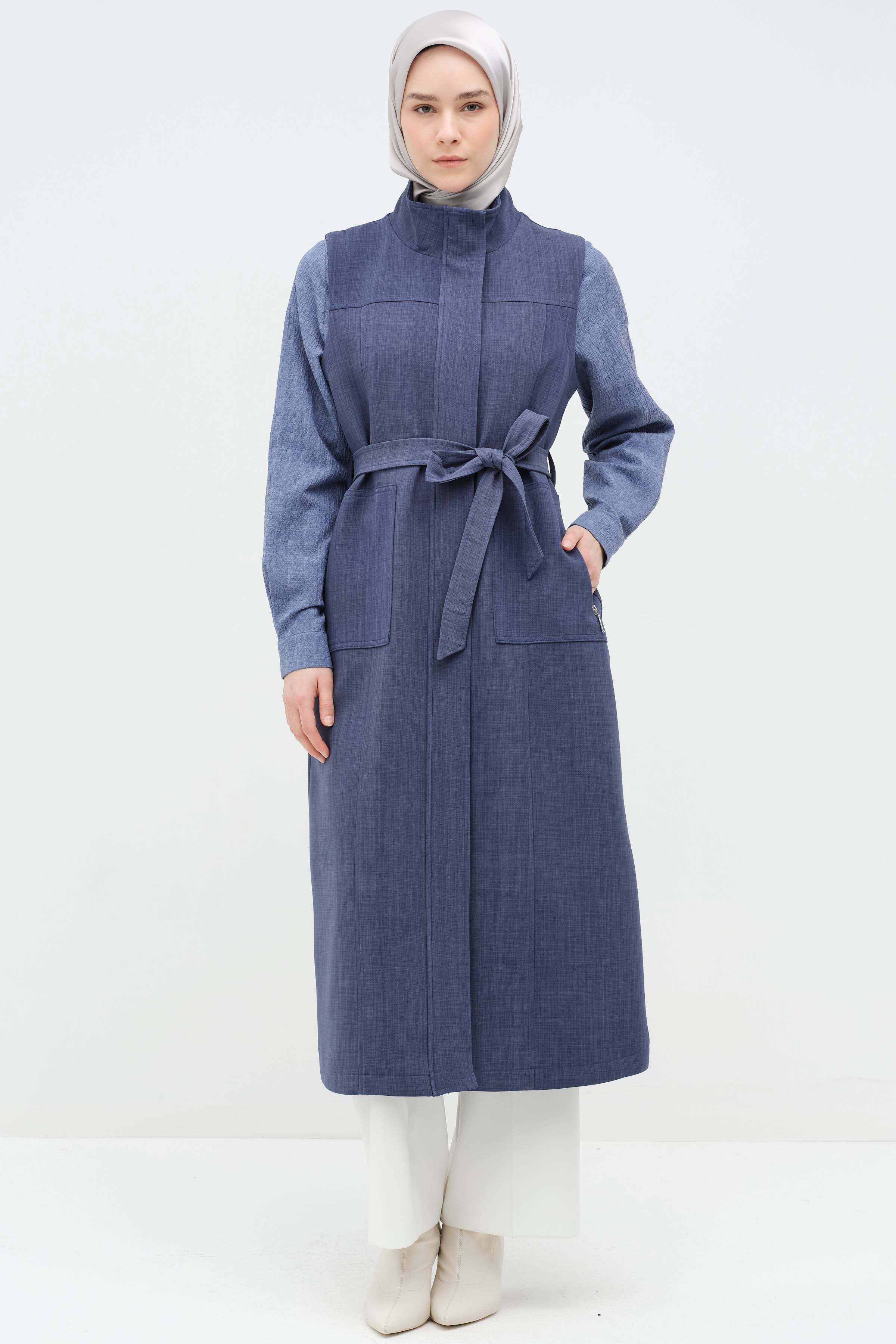 Fermuar Cepli Kuşaklı Yelek - İndigo TUGBA