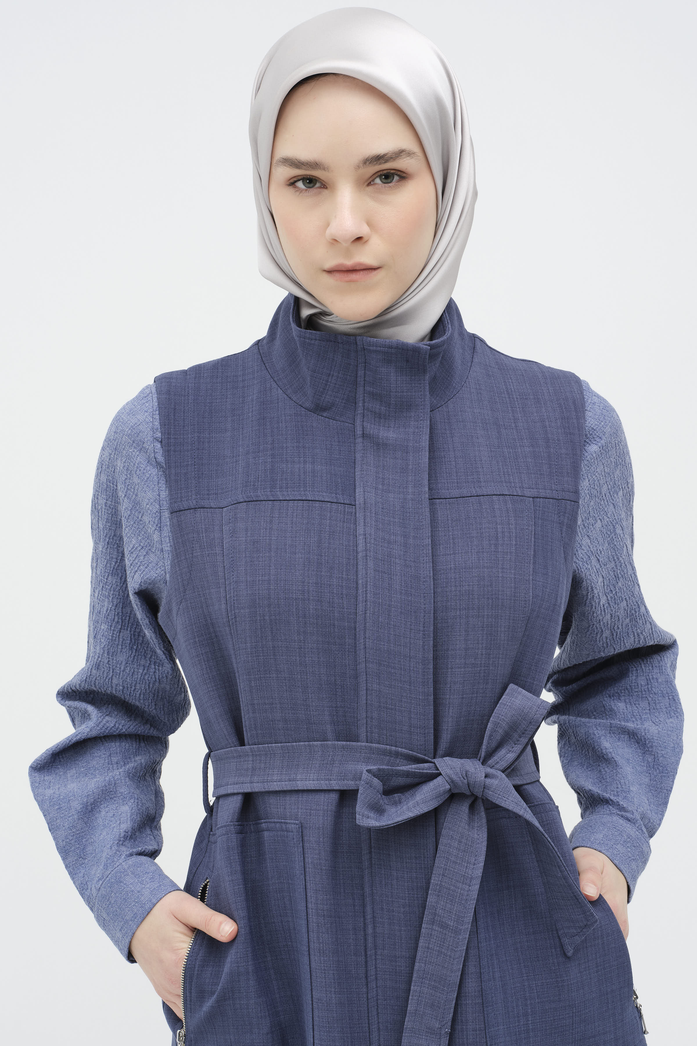 Fermuar Cepli Kuşaklı Yelek - İndigo TUGBA