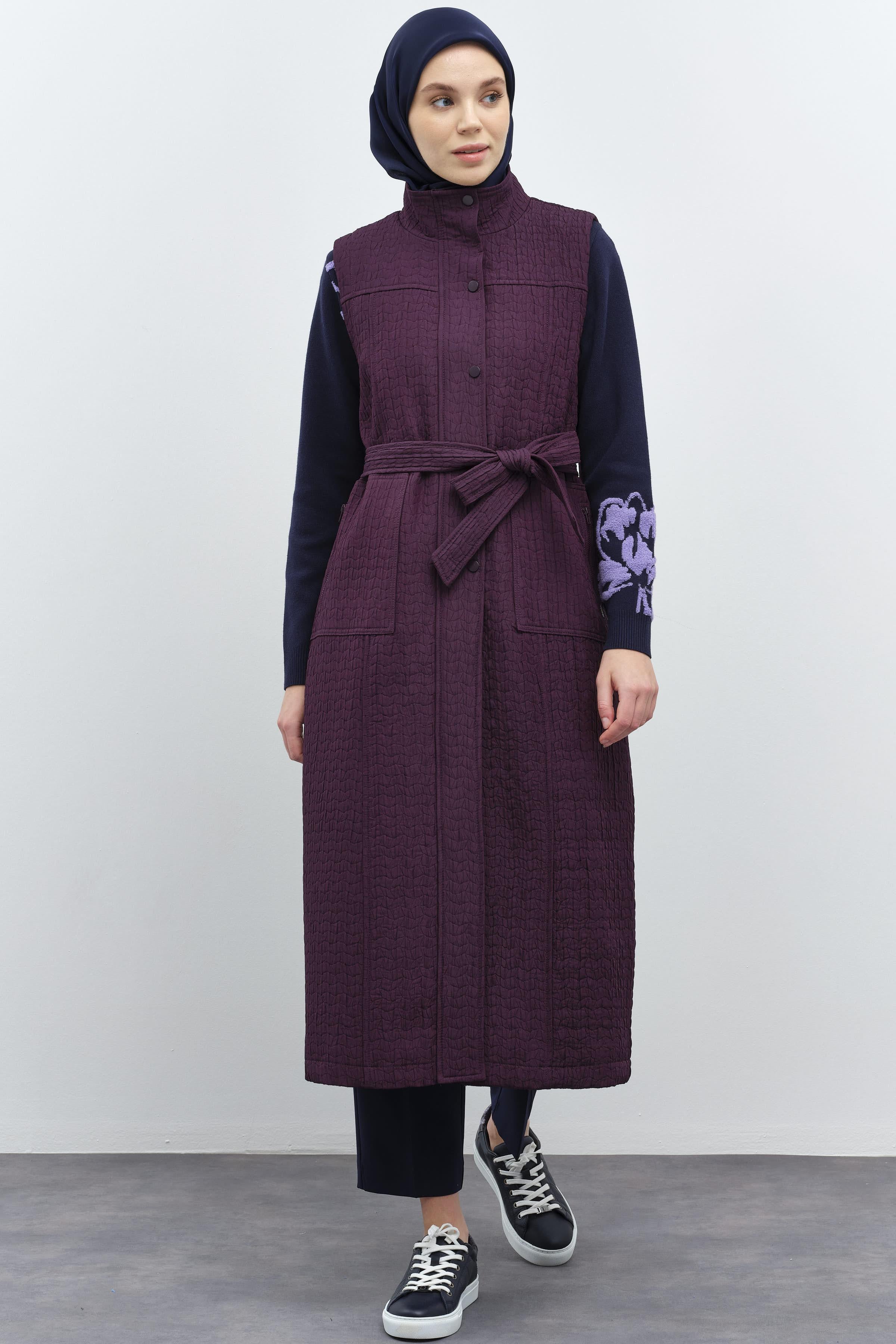 Fermuar Kapamalı Cepli Yelek - Mürdüm TUGBA