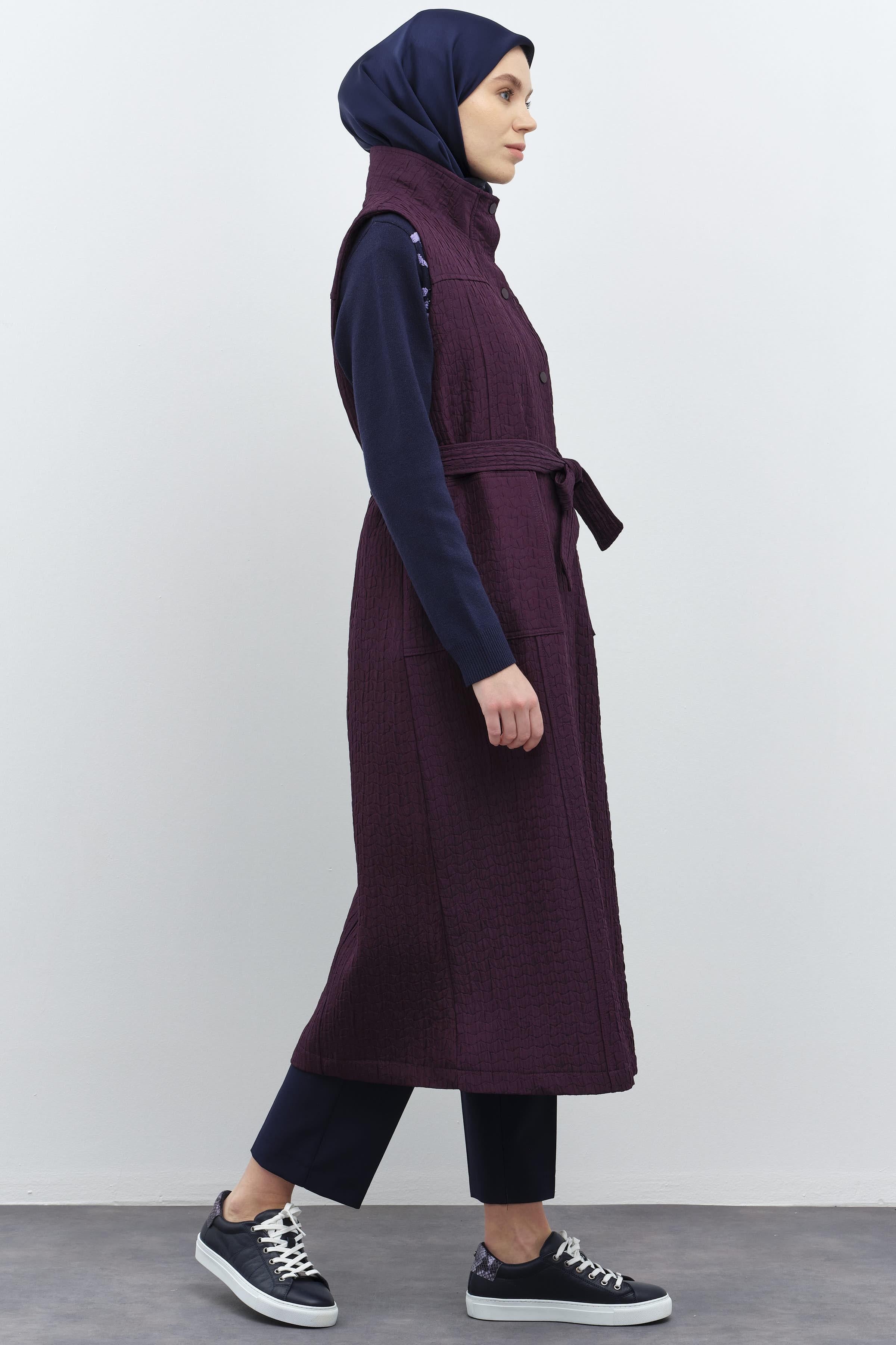 Fermuar Kapamalı Cepli Yelek - Mürdüm TUGBA