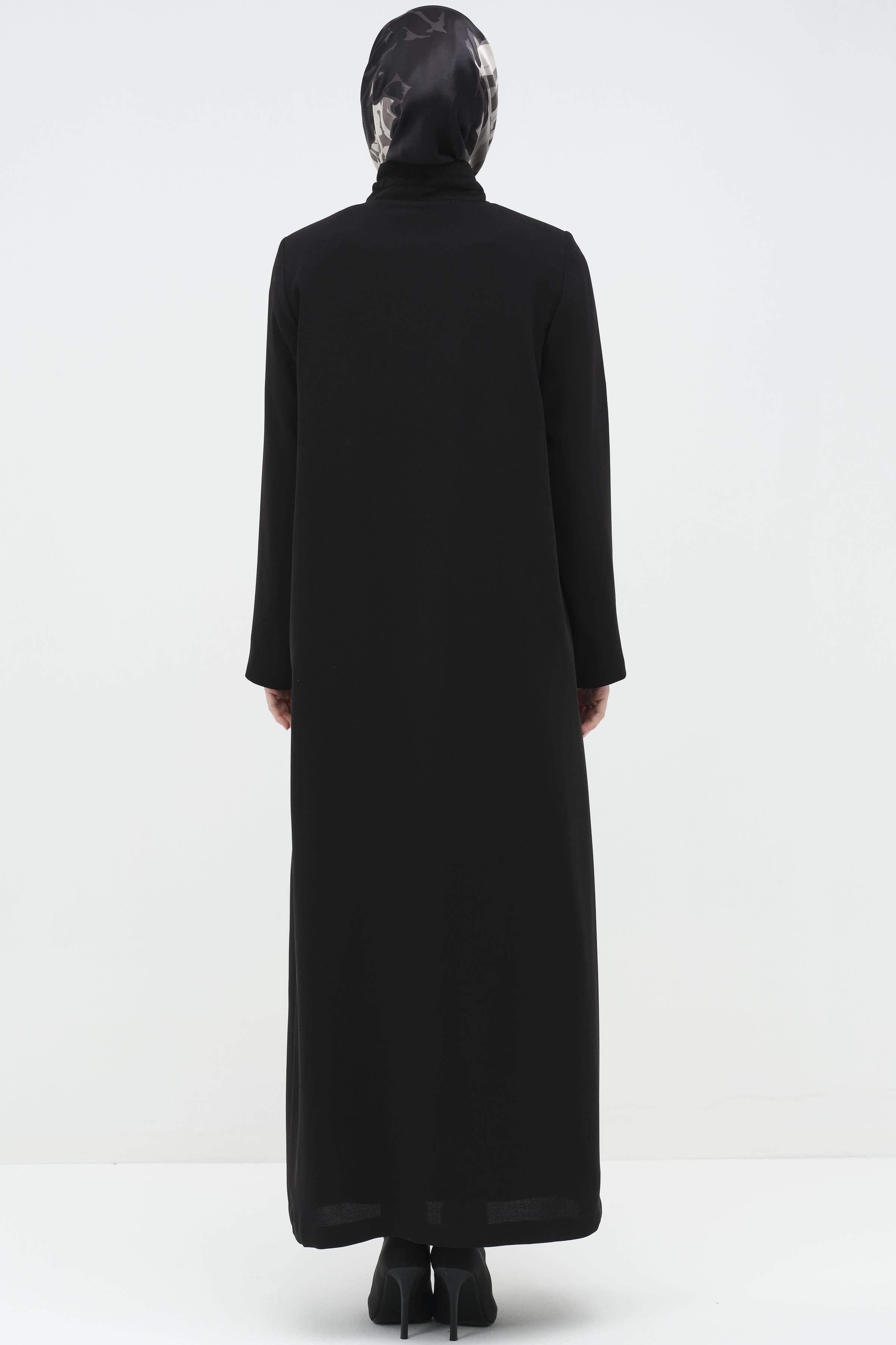 Fermuar Kapamalı Garnili Ferace - Siyah TUGBA