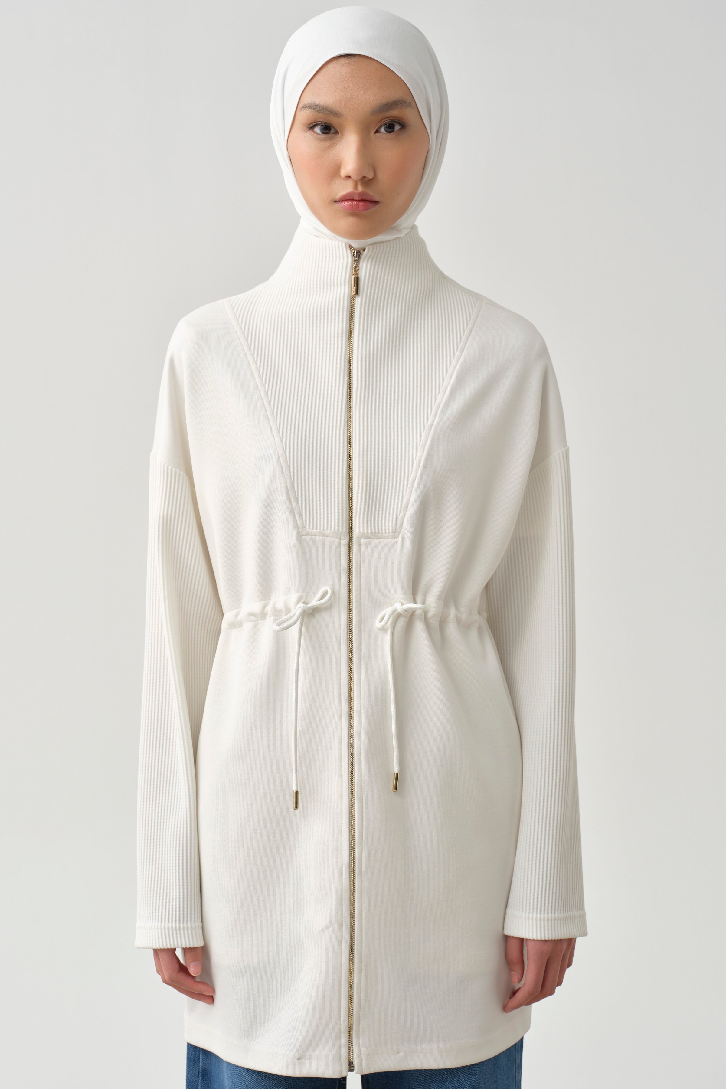 Fermuar Kapamalı Garnili Sweat - Beyaz TUGBA