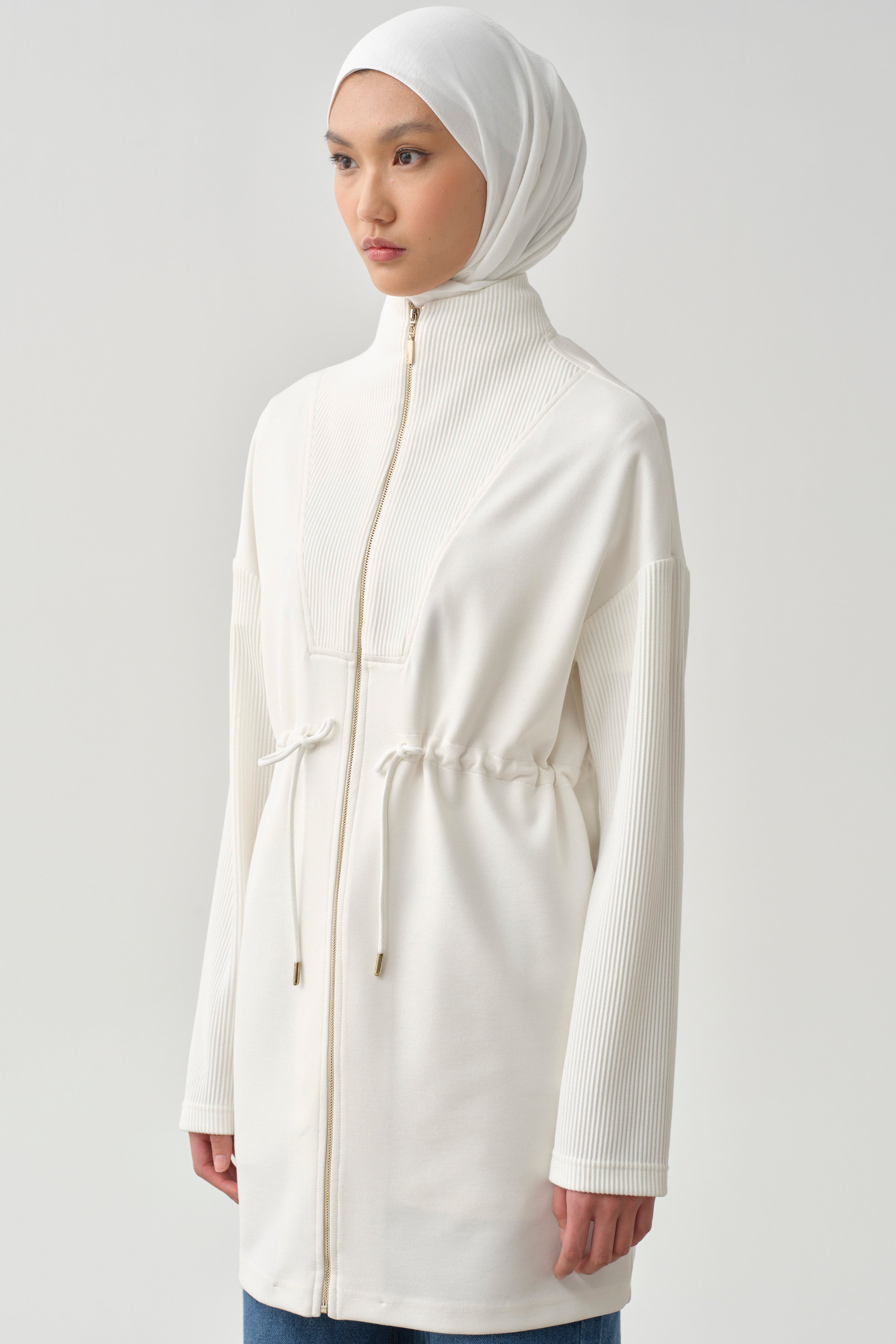 Fermuar Kapamalı Garnili Sweat - Beyaz TUGBA