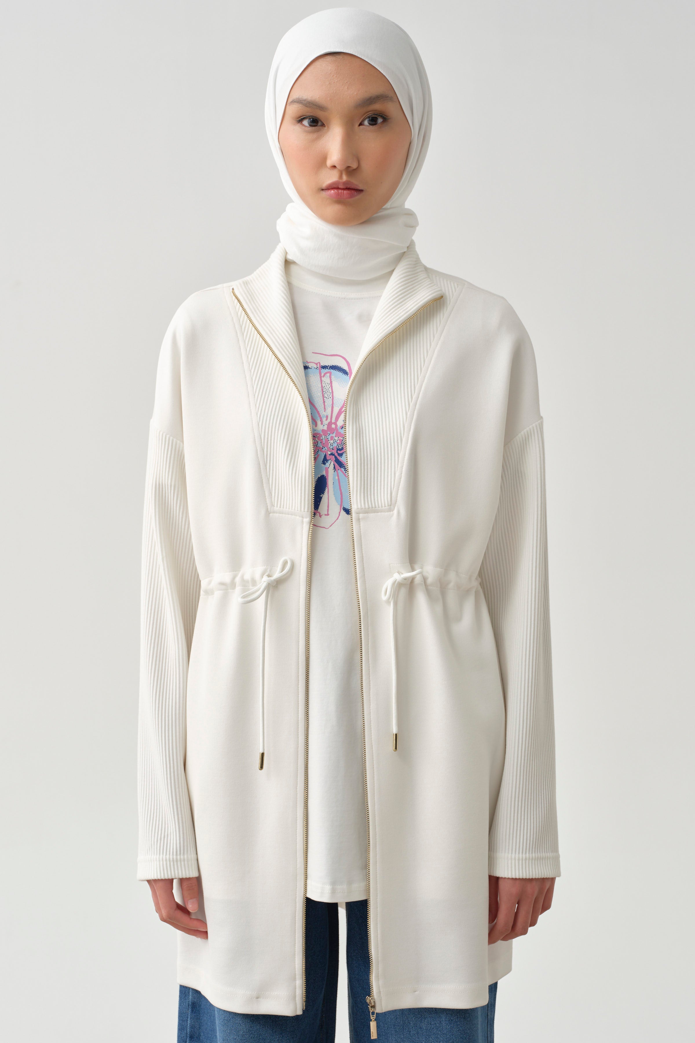 Fermuar Kapamalı Garnili Sweat - Beyaz TUGBA