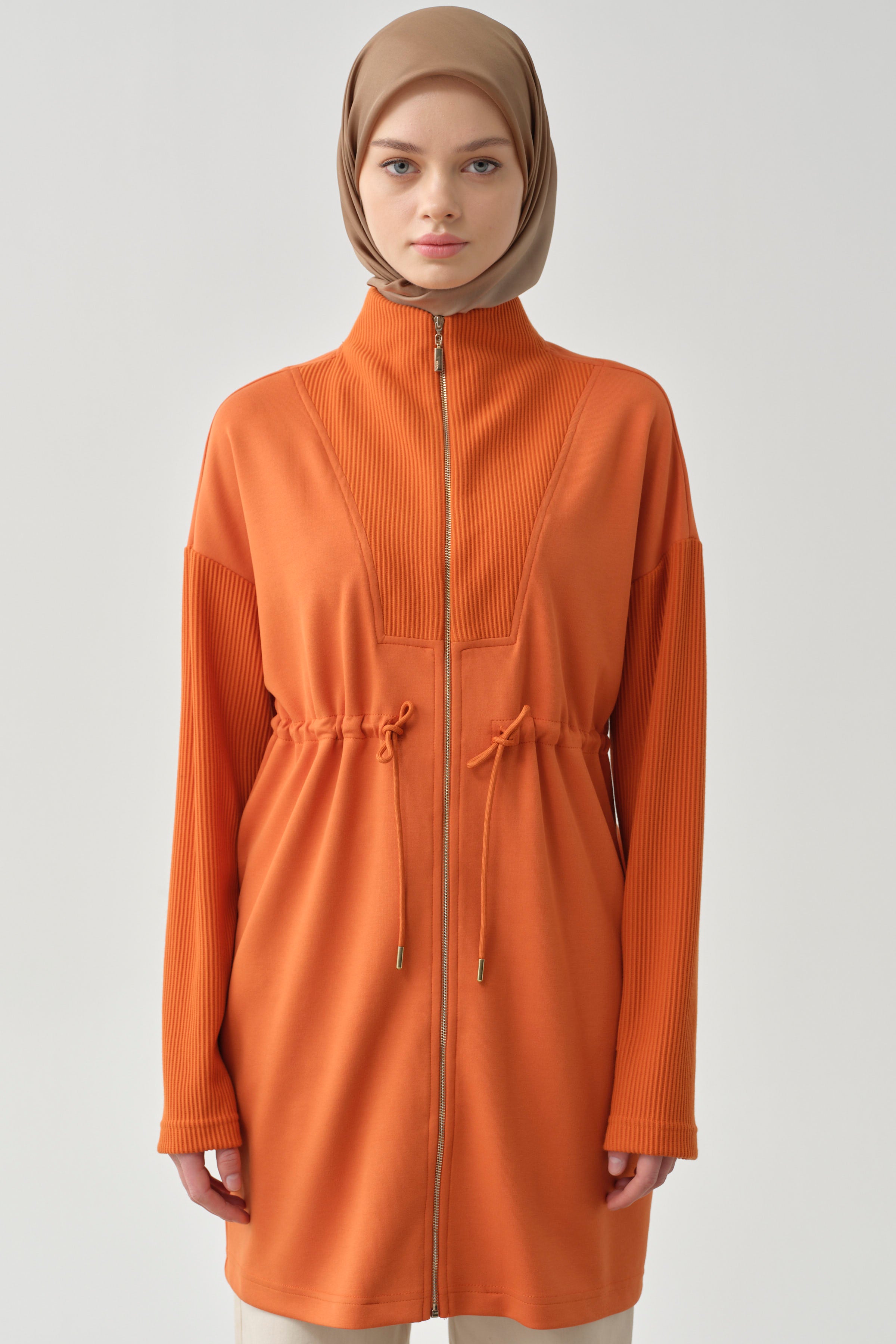 Fermuar Kapamalı Garnili Sweat - Oranj TUGBA