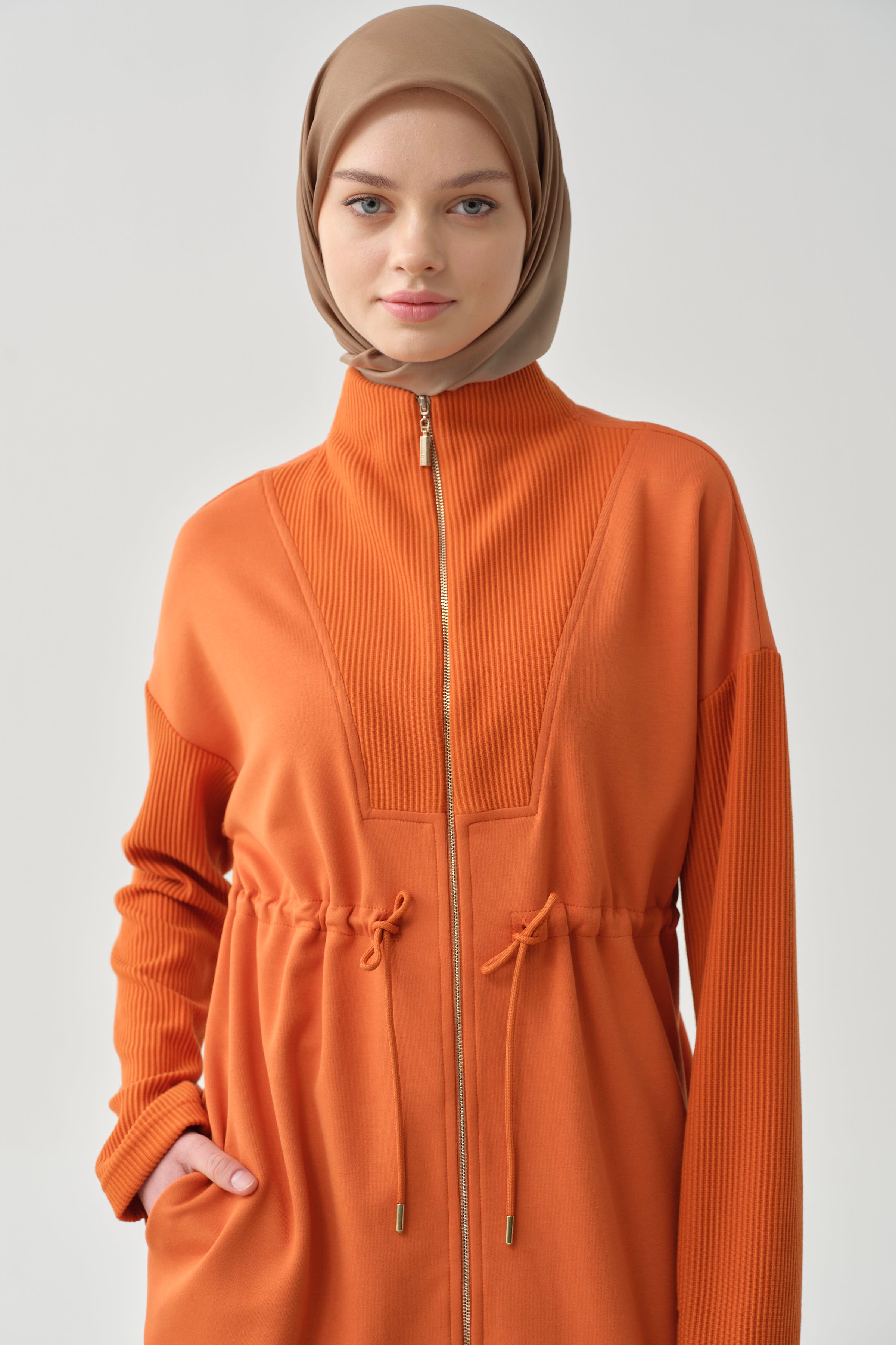 Fermuar Kapamalı Garnili Sweat - Oranj TUGBA