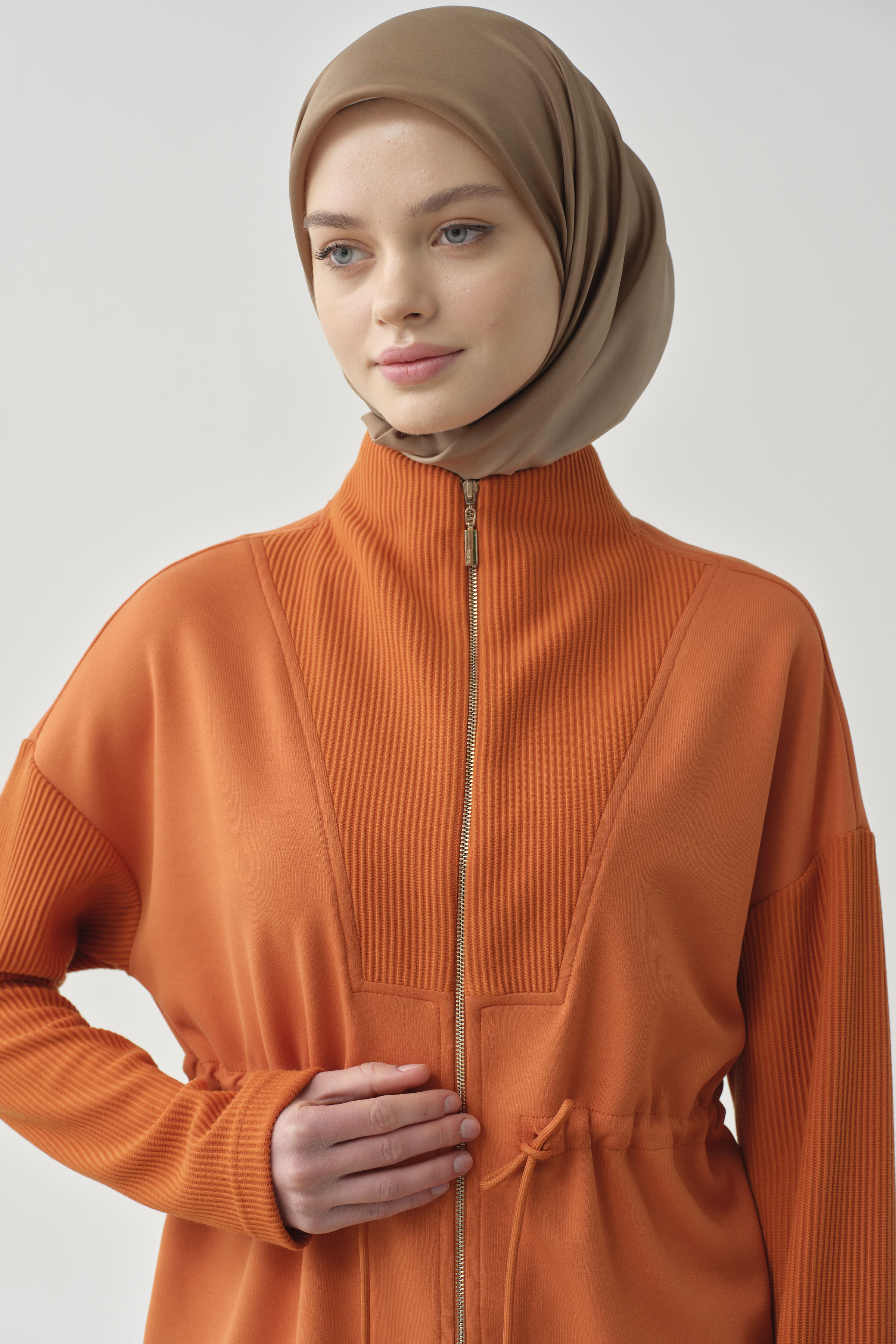 Fermuar Kapamalı Garnili Sweat - Oranj TUGBA