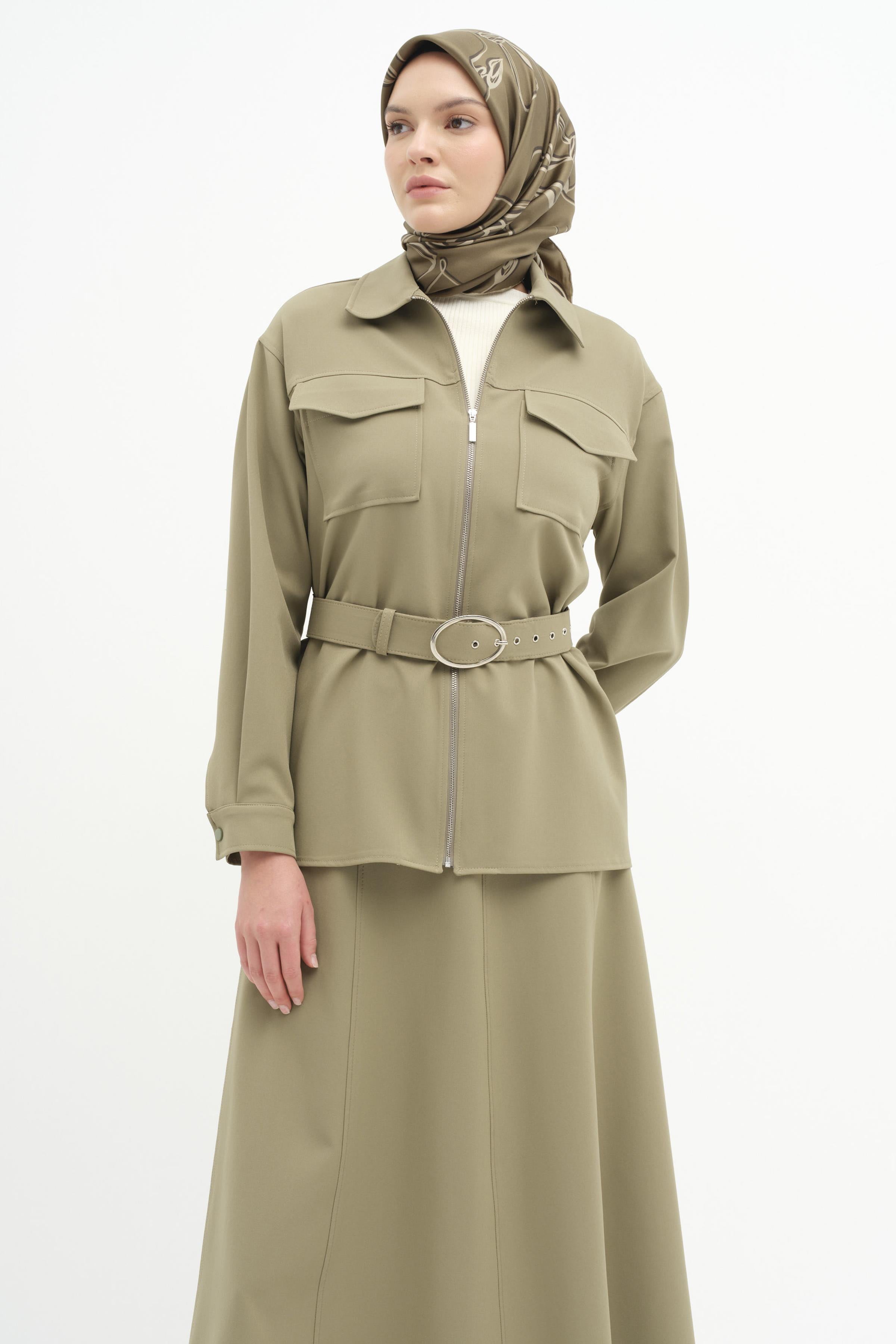 Fermuar Kapamalı Kemerli Ceket - Çağla TUGBA