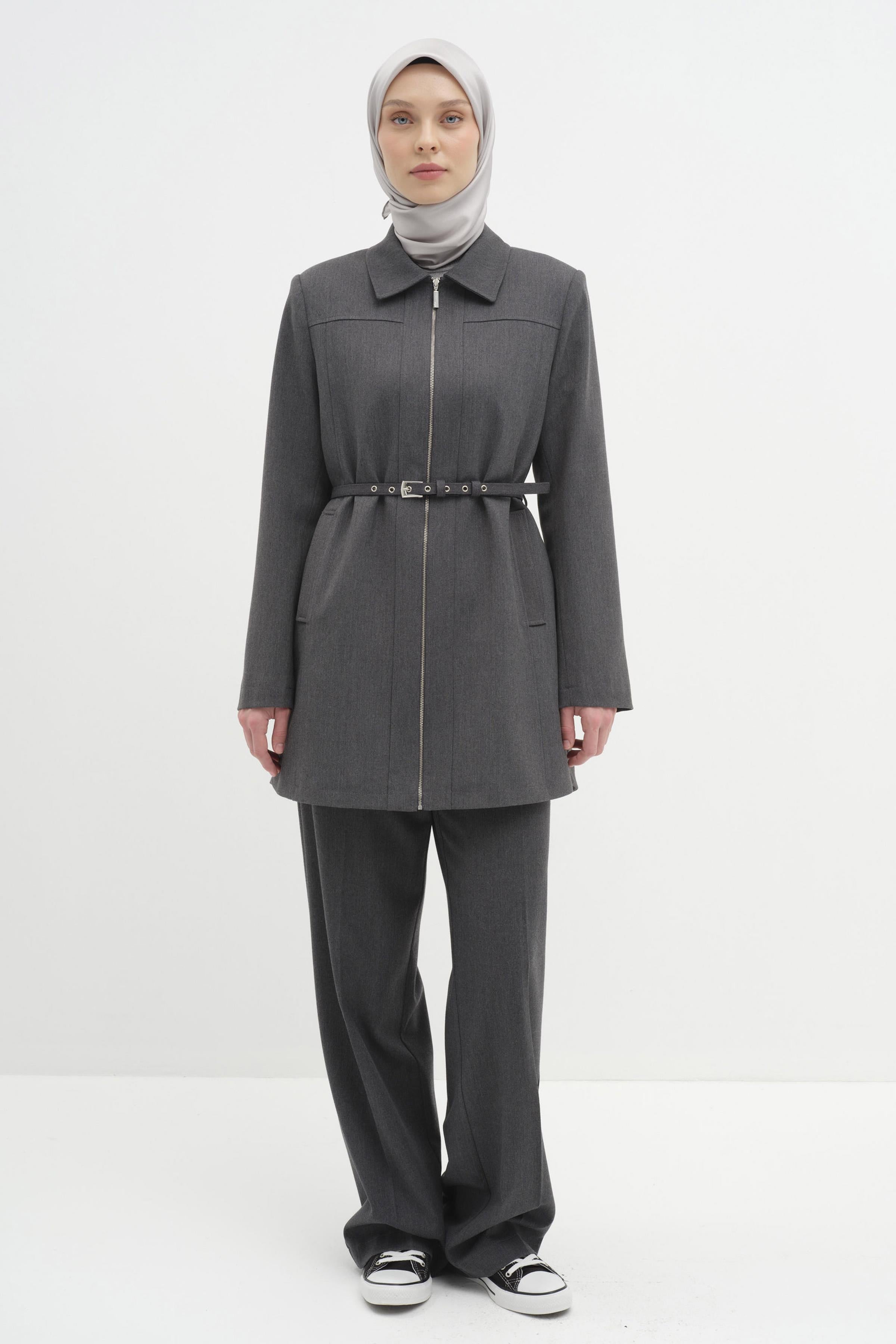 Fermuar Kapamalı Kemerli Ceket - Füme TUGBA