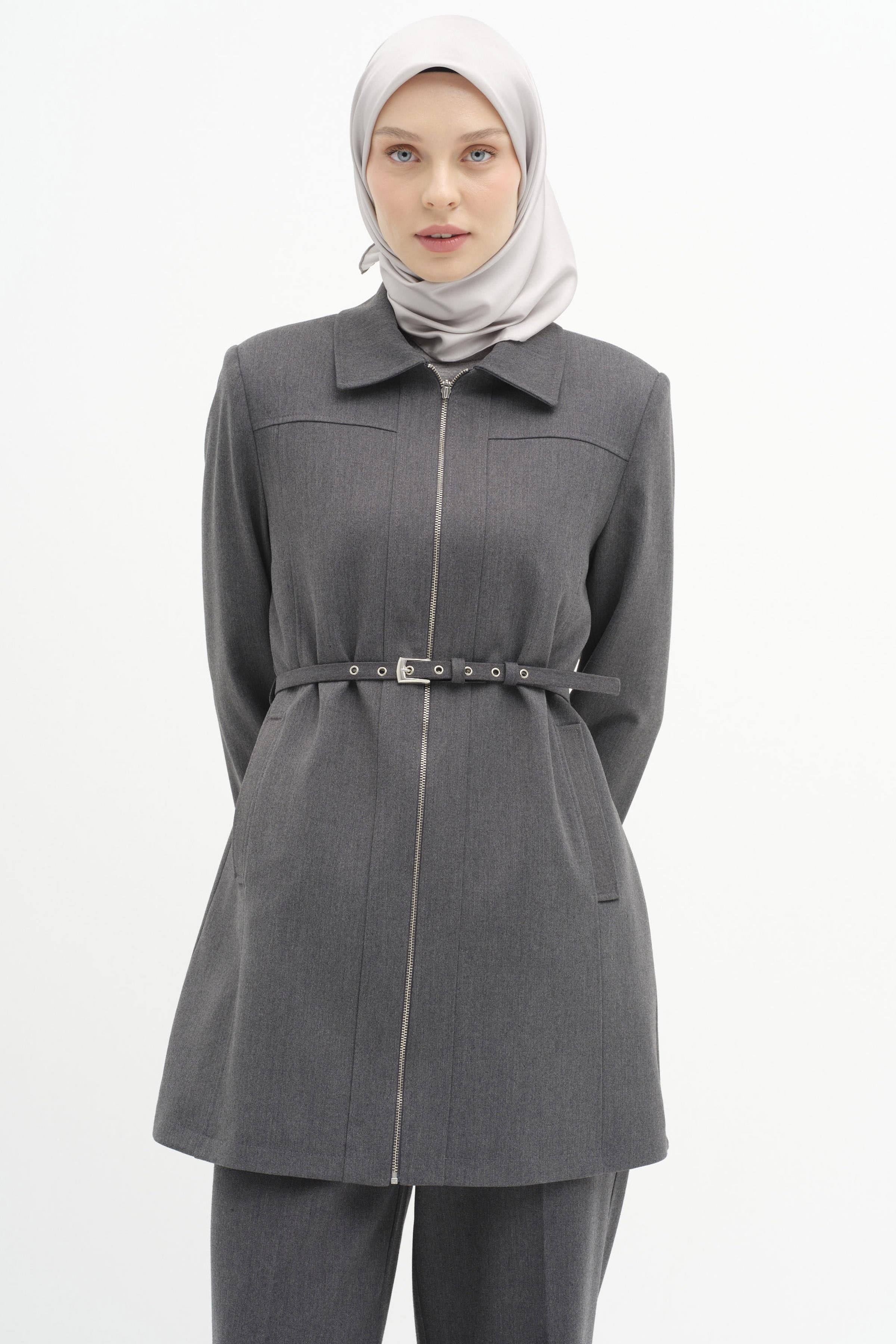 Fermuar Kapamalı Kemerli Ceket - Füme TUGBA