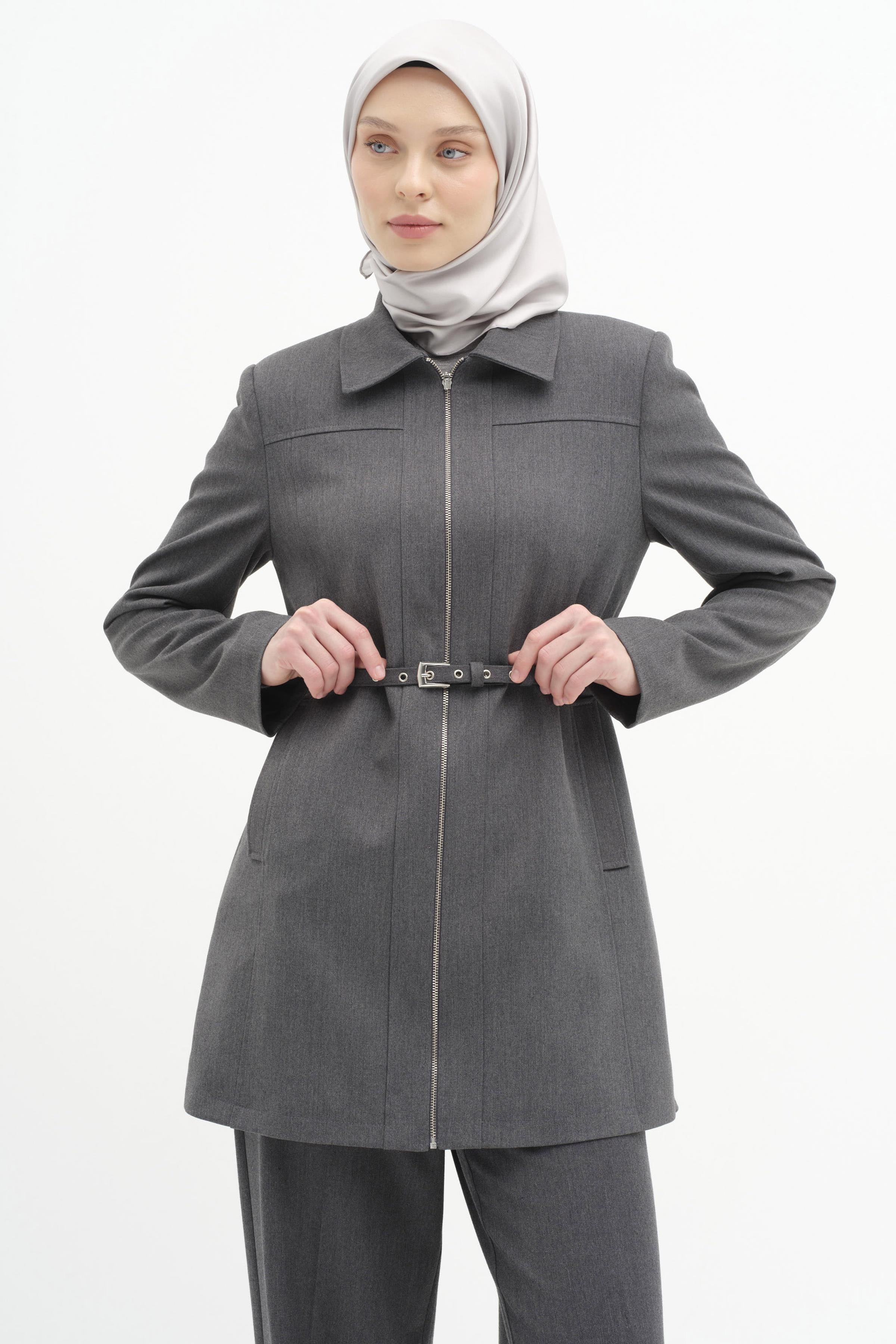 Fermuar Kapamalı Kemerli Ceket - Füme TUGBA