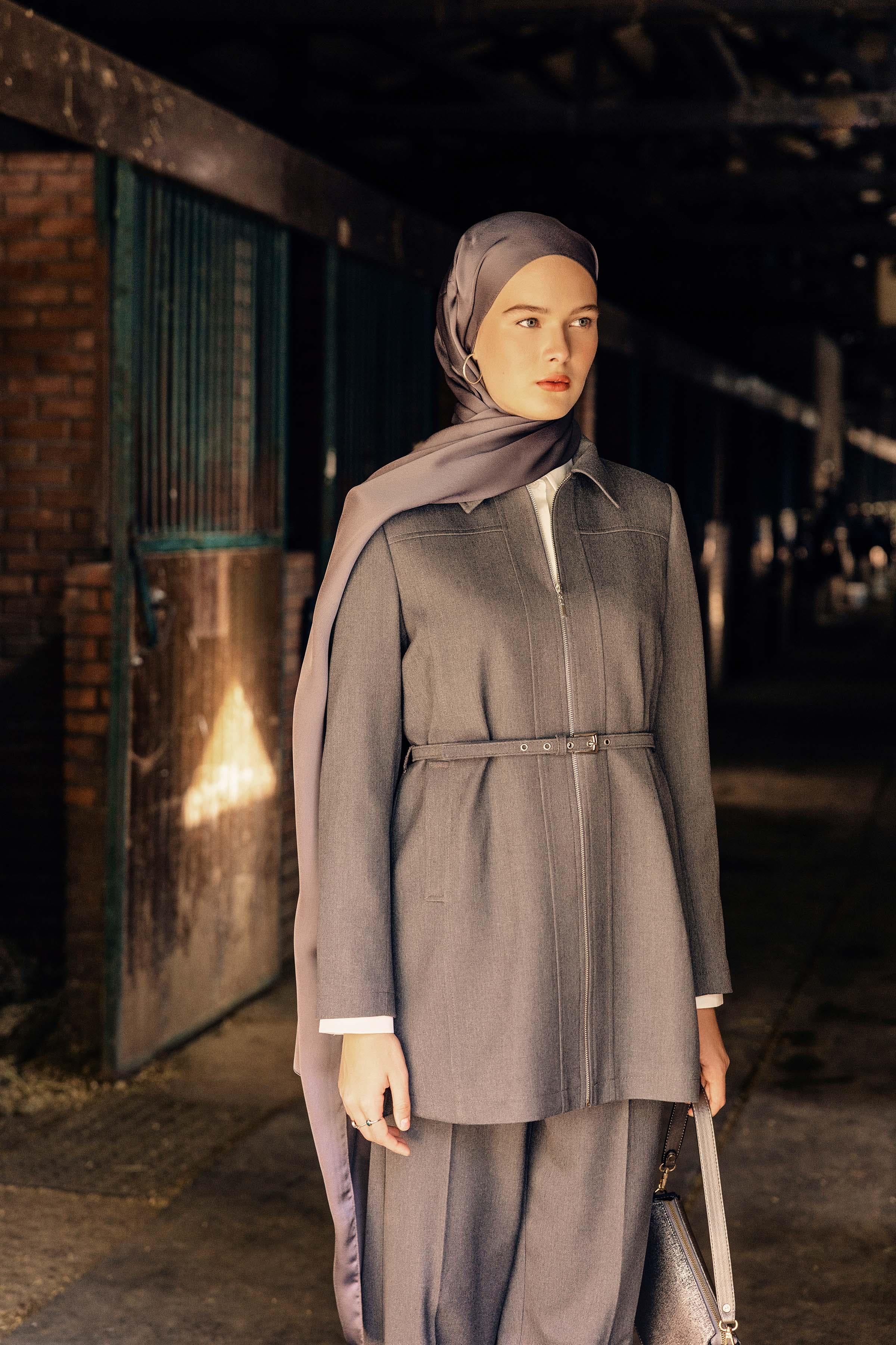 Fermuar Kapamalı Kemerli Ceket - Füme TUGBA