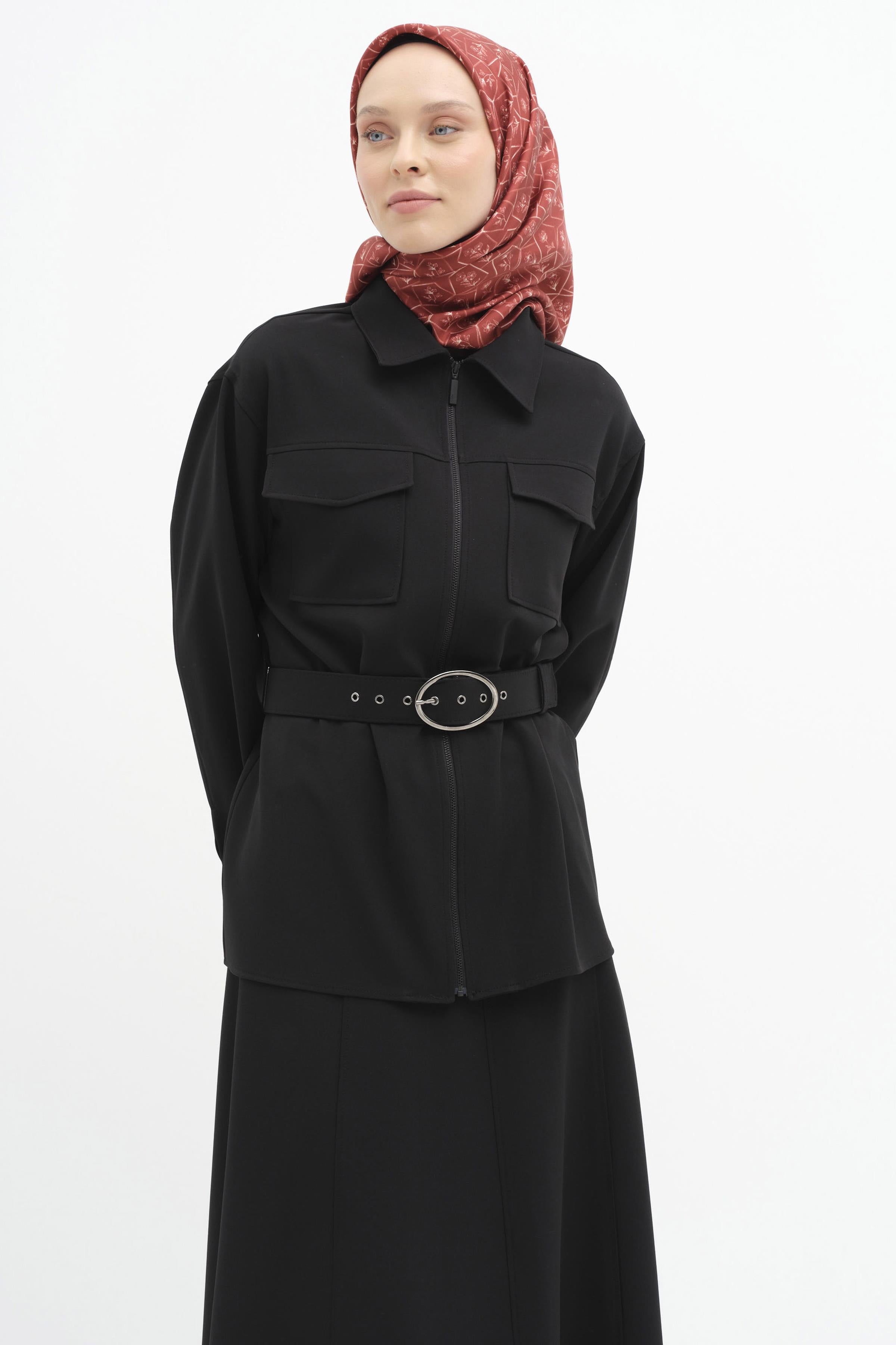 Fermuar Kapamalı Kemerli Ceket - Siyah TUGBA